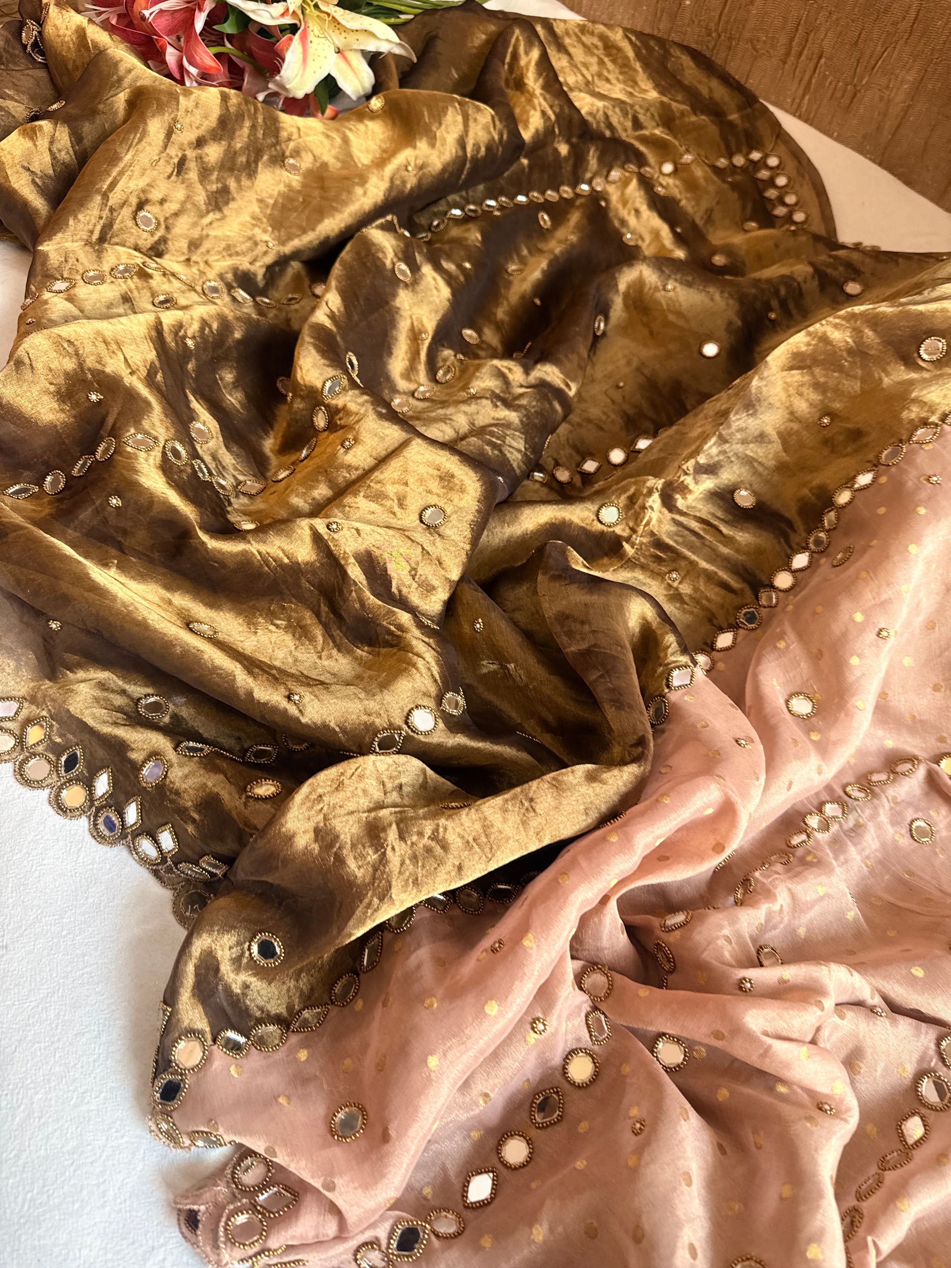 Tyohaar edit - Chiffon tissue gorgette mirrorwork half-half kafhwa buti saree