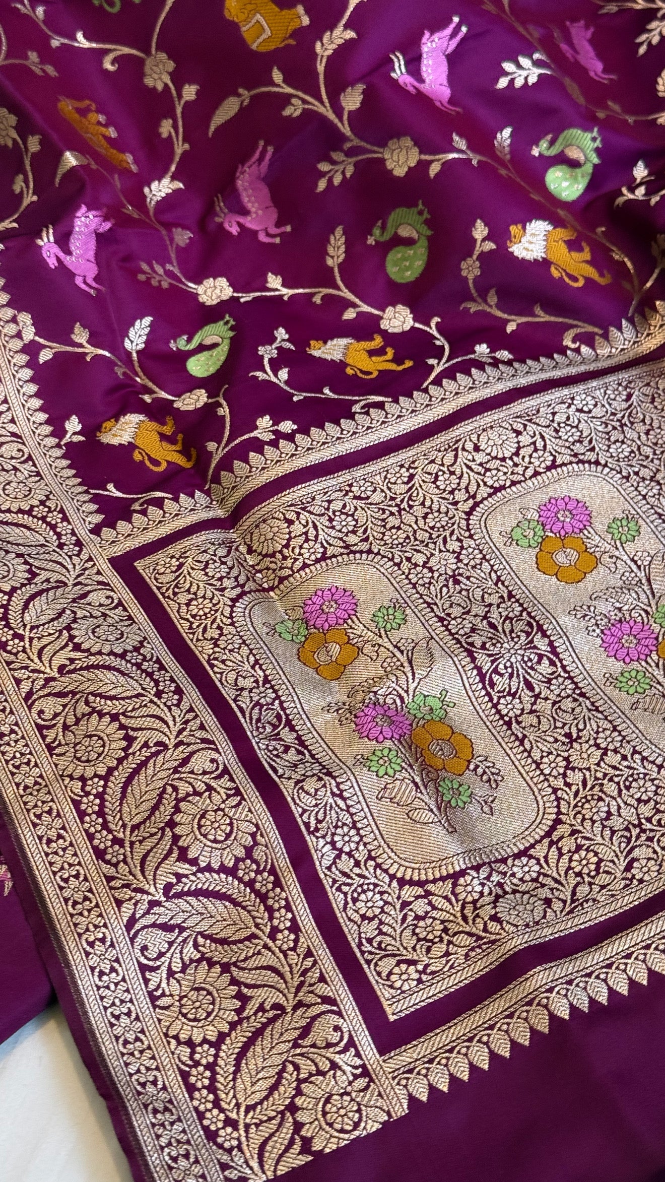 Deep purple mashru satin silk shikargah motif Banarasi silk suit set