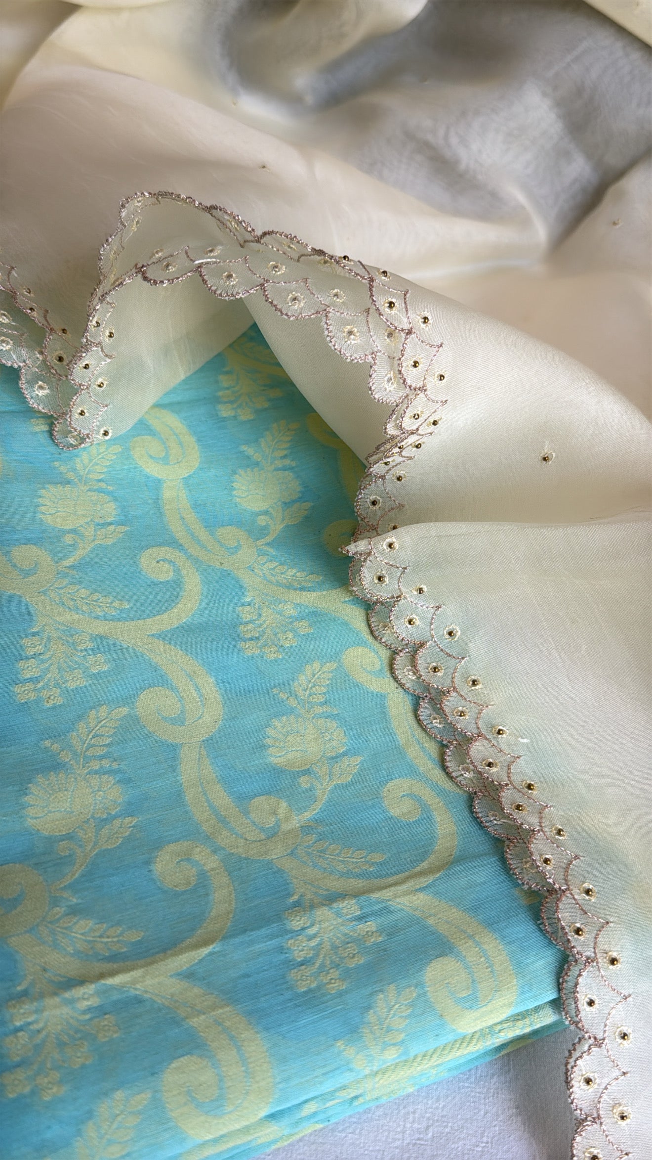 Cotton handloom kadhwa resham work kurta paired with kora silk scalloped hand embroidered duppata set