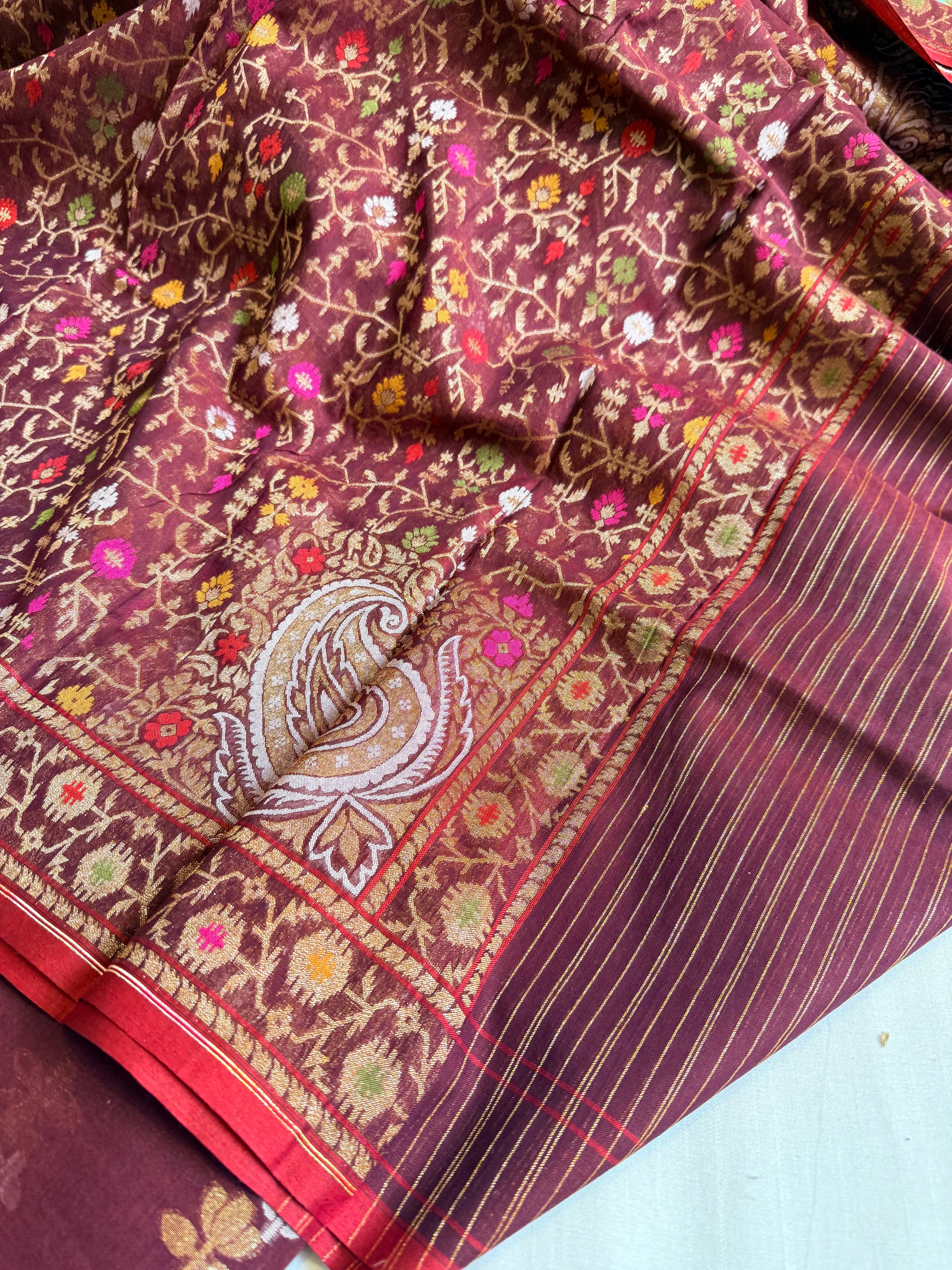 Banarasi iktara jamdani plum maroon sona rupa kadhwa suit set