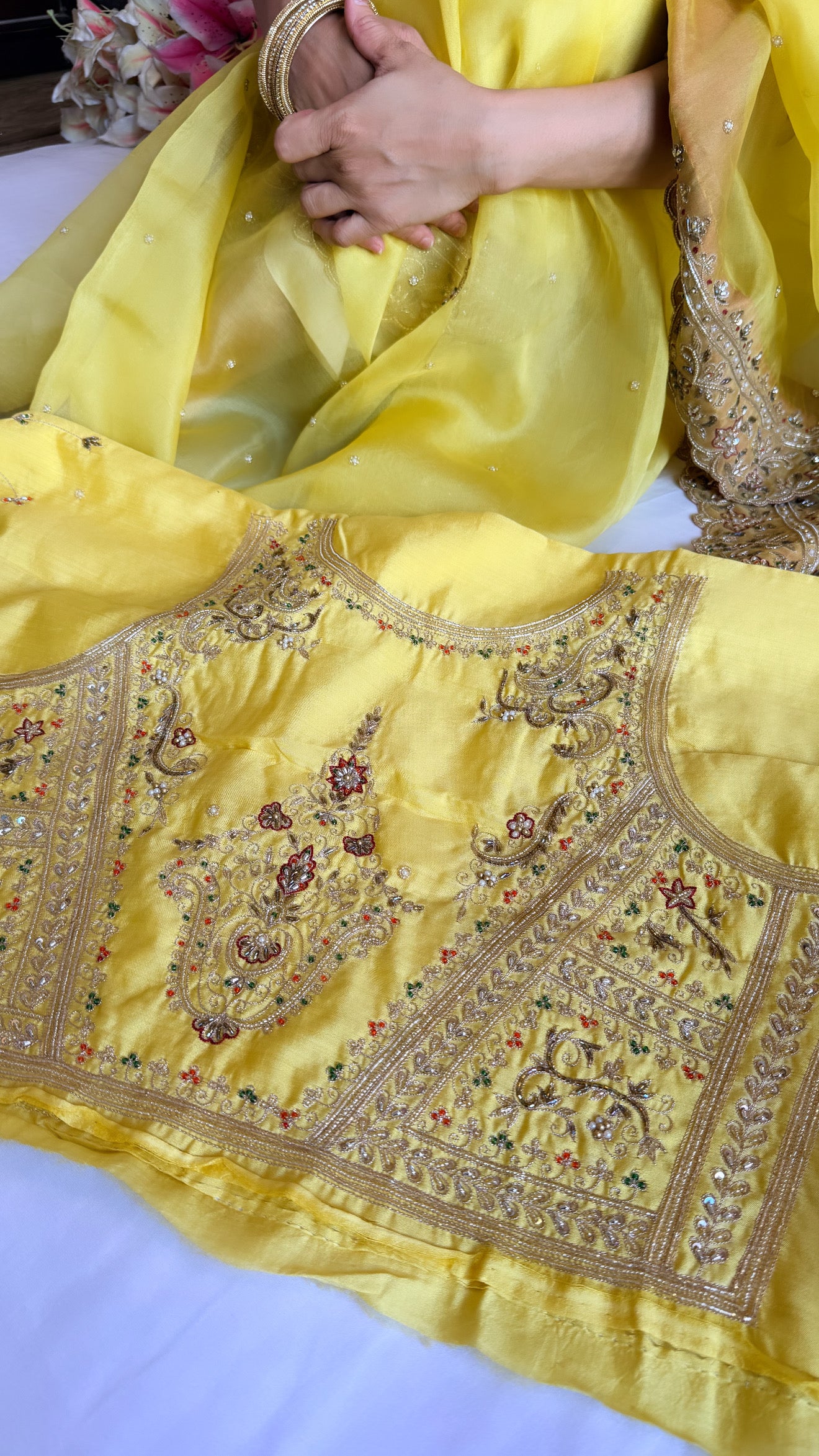 Mummy ki purani wali saree edit - Lemon yellow kora silk kadhwa hand embroidered saree