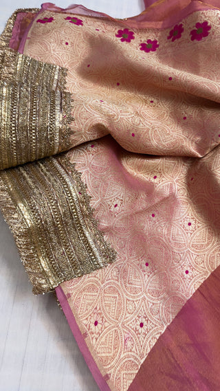 Maharani petal pink tissue tanchoi jamevar meenakari saree