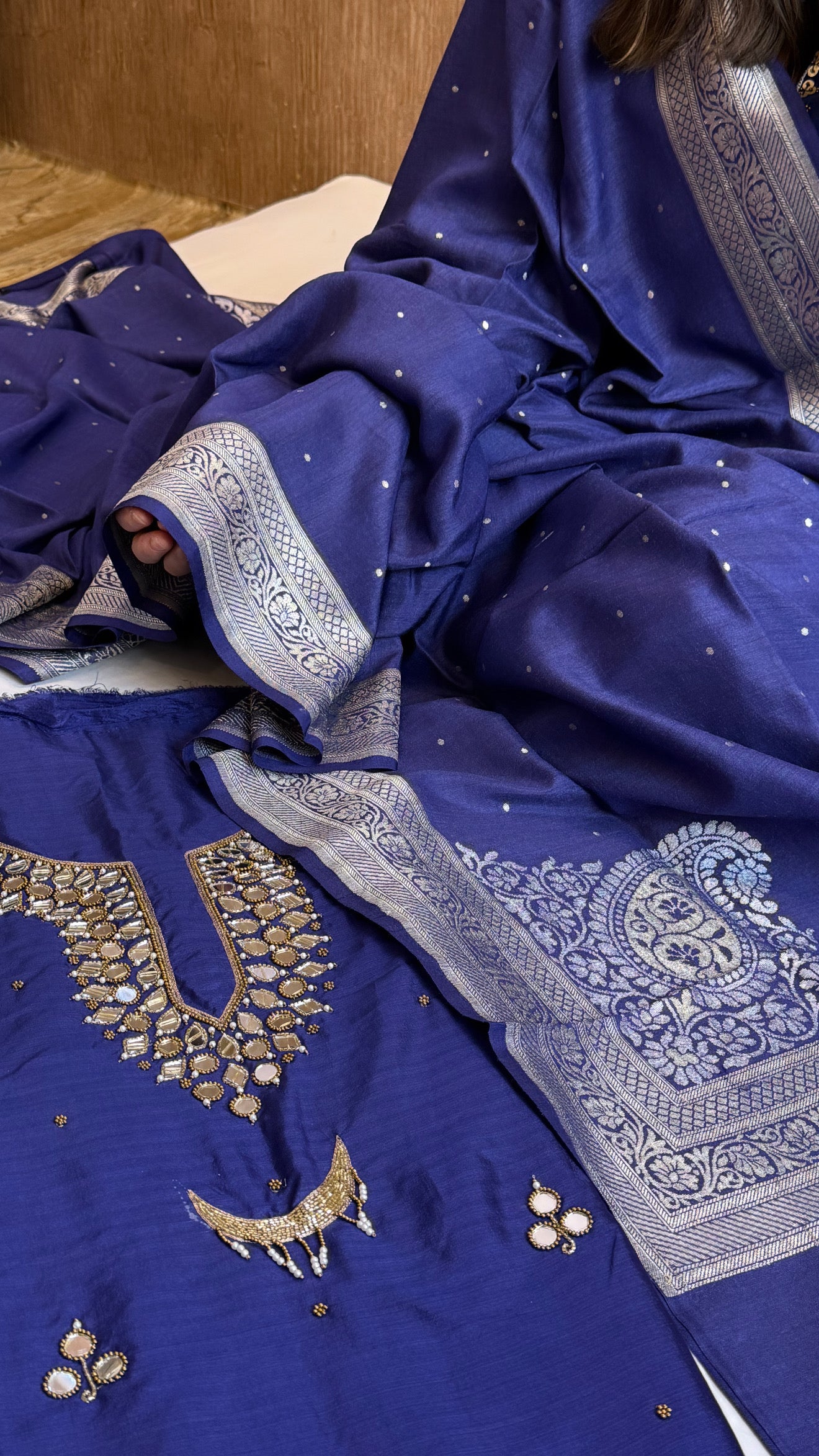 Sheesham navy blue mirror work katan silk kadhwa suit set