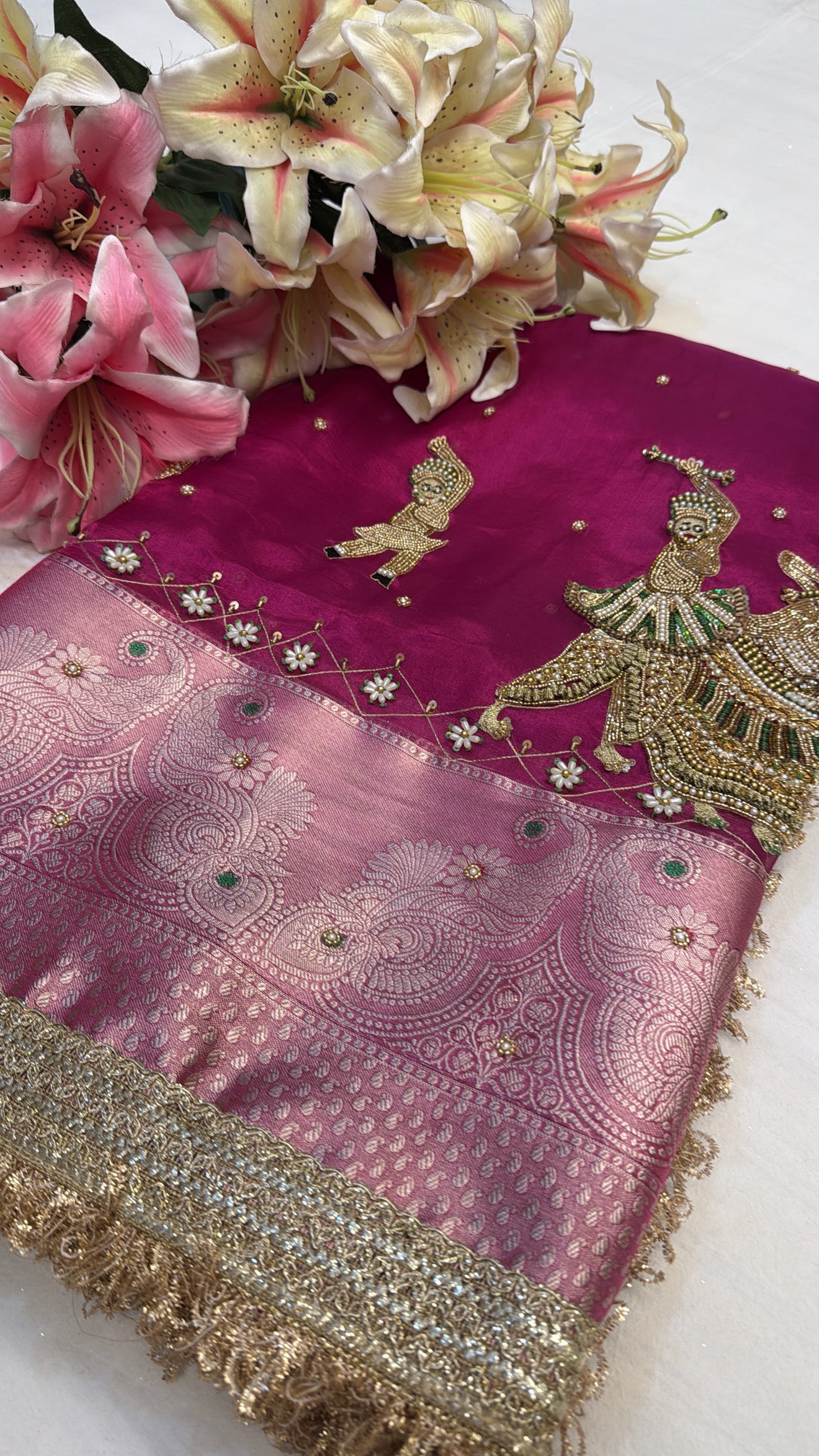 Hot pink husn tissue silk hand embroidered kadhwa saree