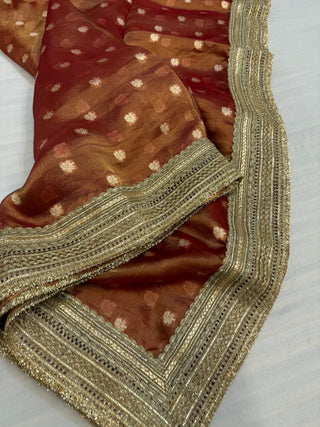 Rust red maharani tissue silk kadhwa buti saree