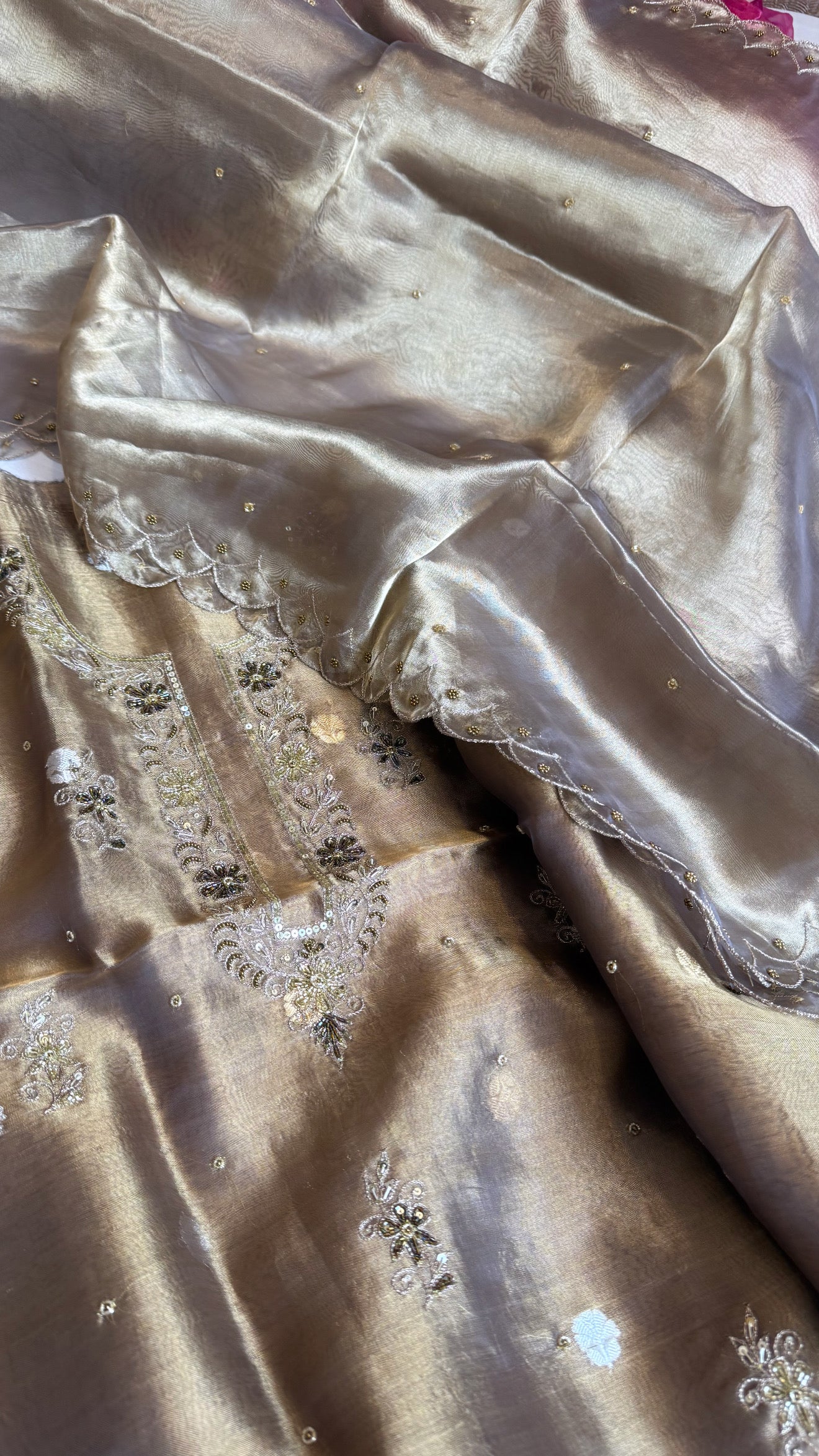 Maharani tissue silk hand embroidered kadhwa suit set