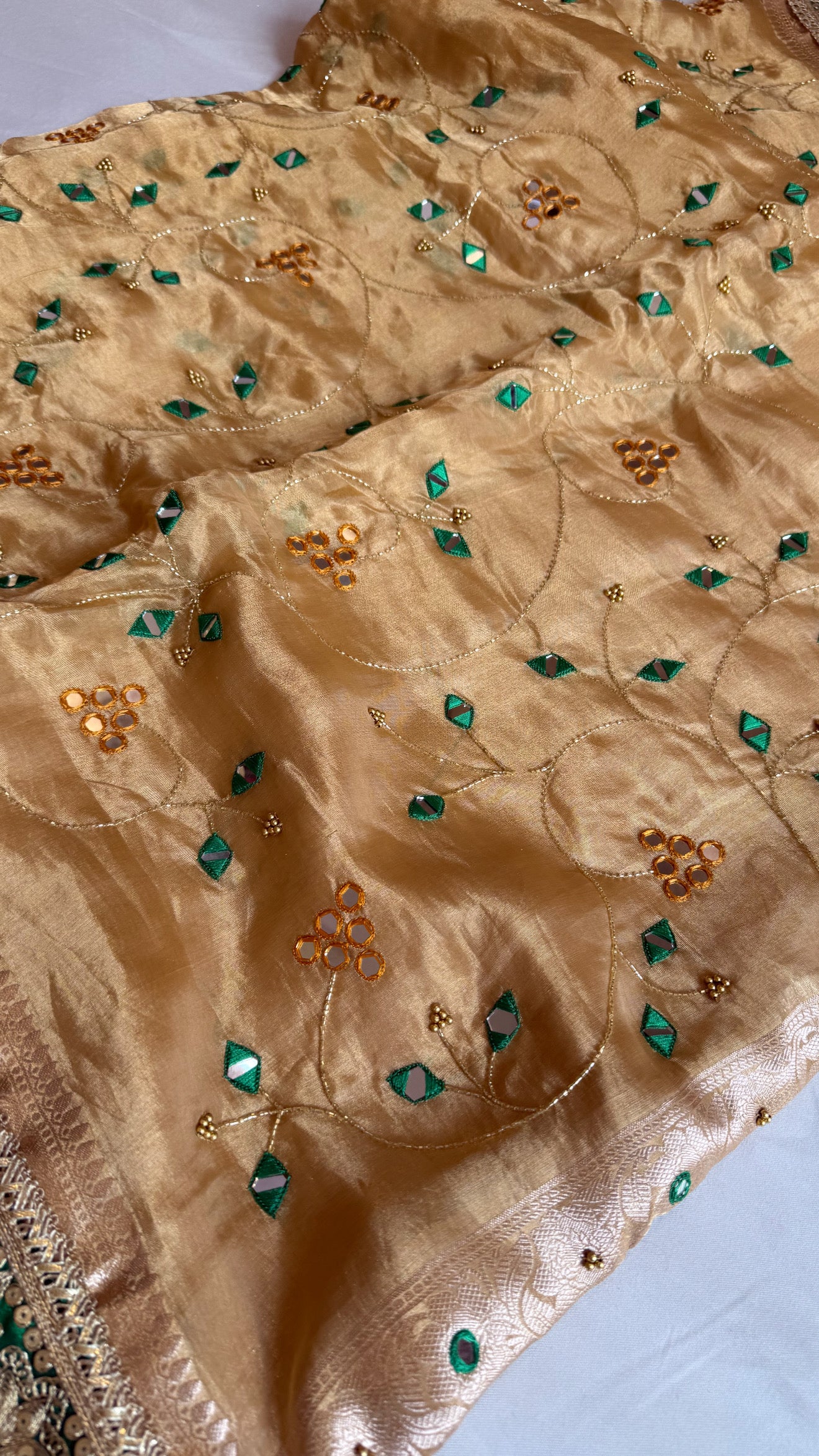 Sheesham edit - Heavy double tissue silk mirror work hand embroidered saree