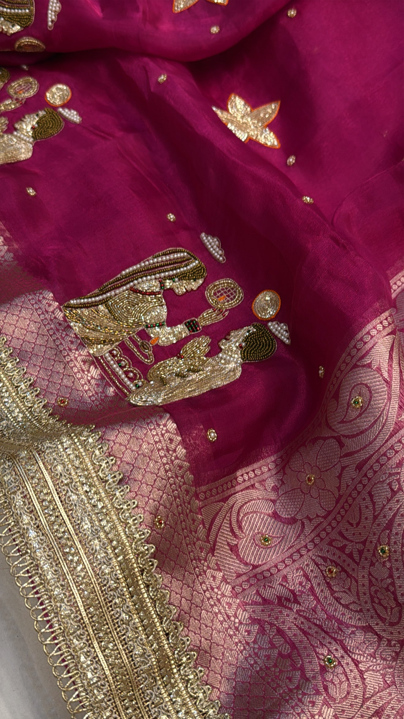 Hot pink husn tissue silk hand embroidered kadhwa saree