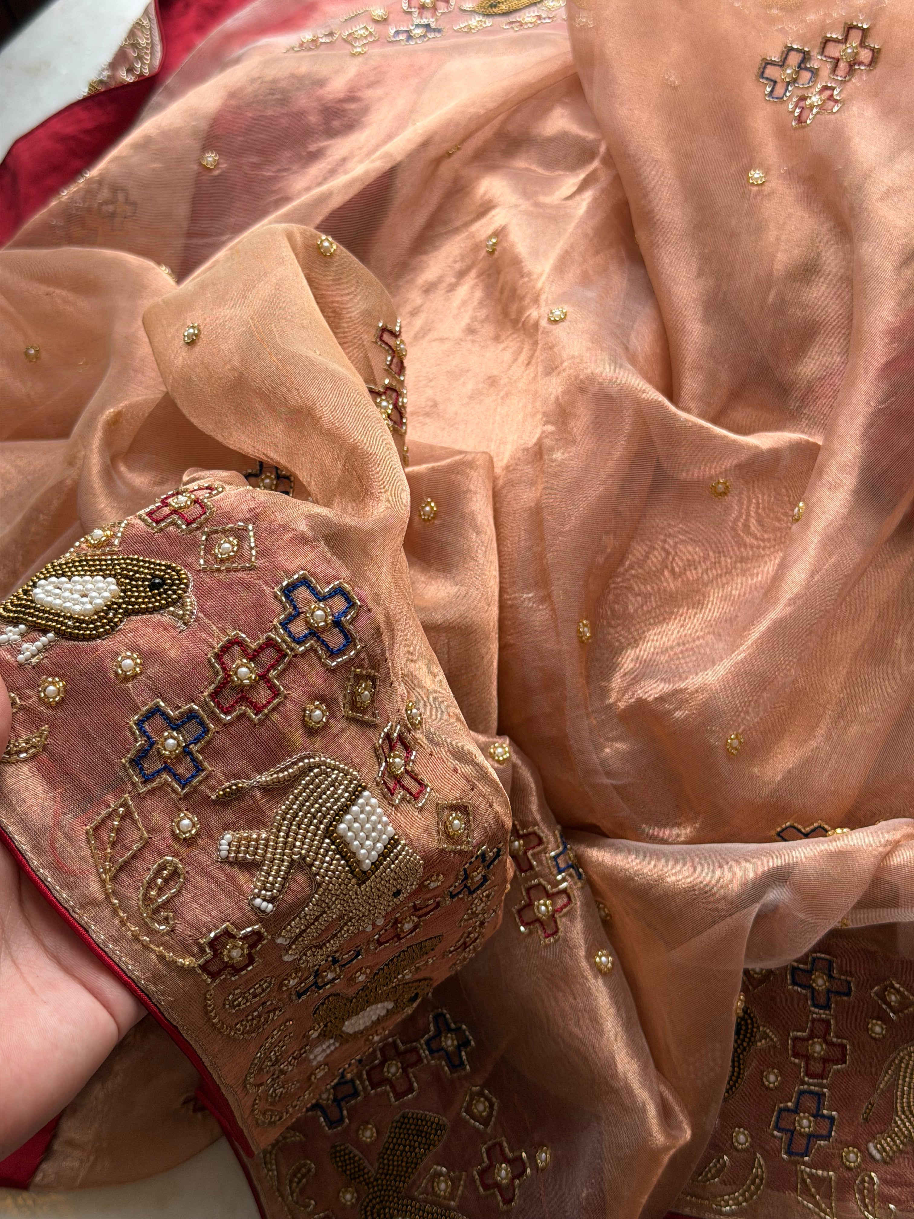Hathi & chiriya wali border copper tissue silk hand embroidered saree