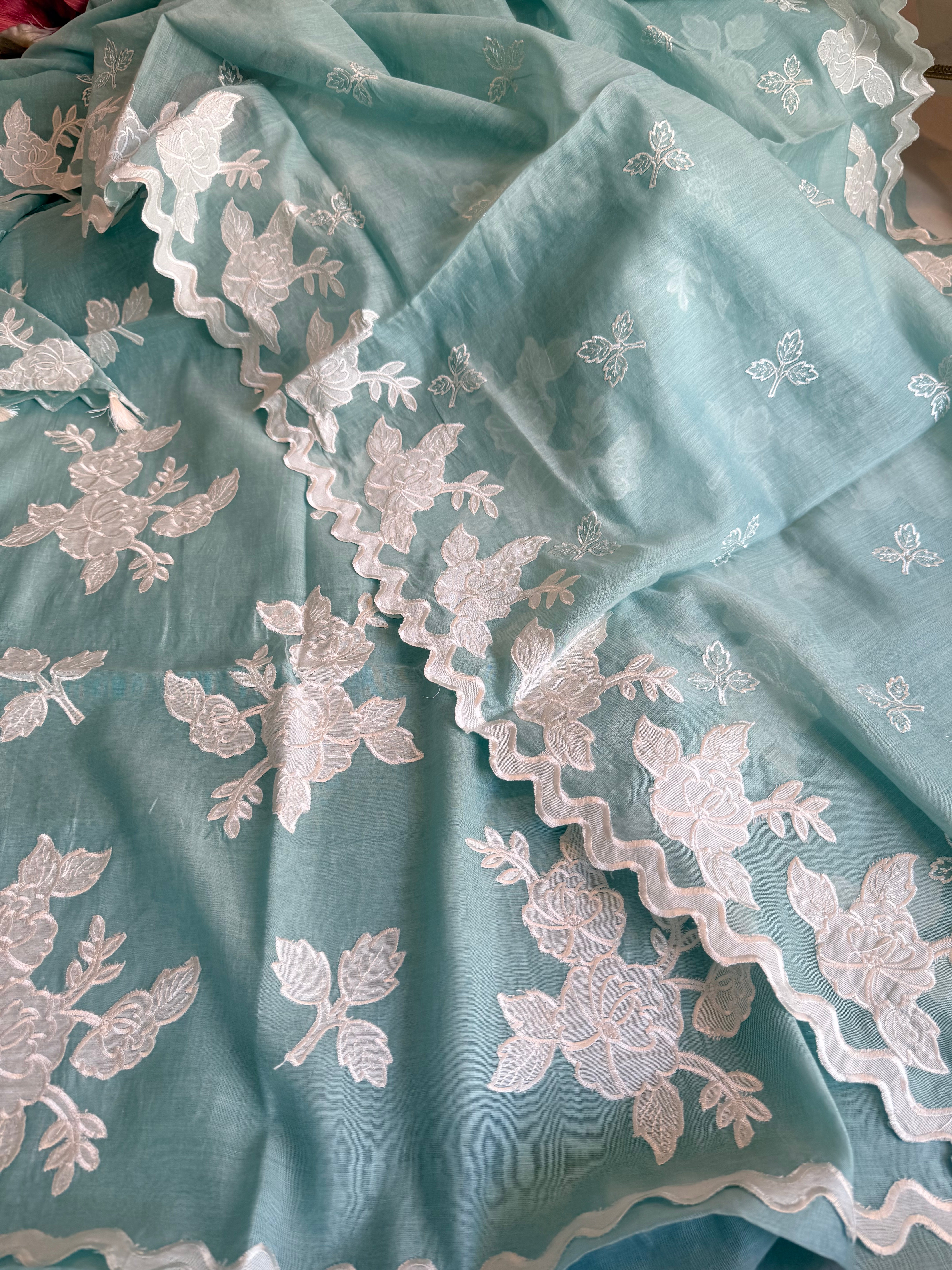 Alia bhatt inspired banarasi mulmul appliqué work suit set