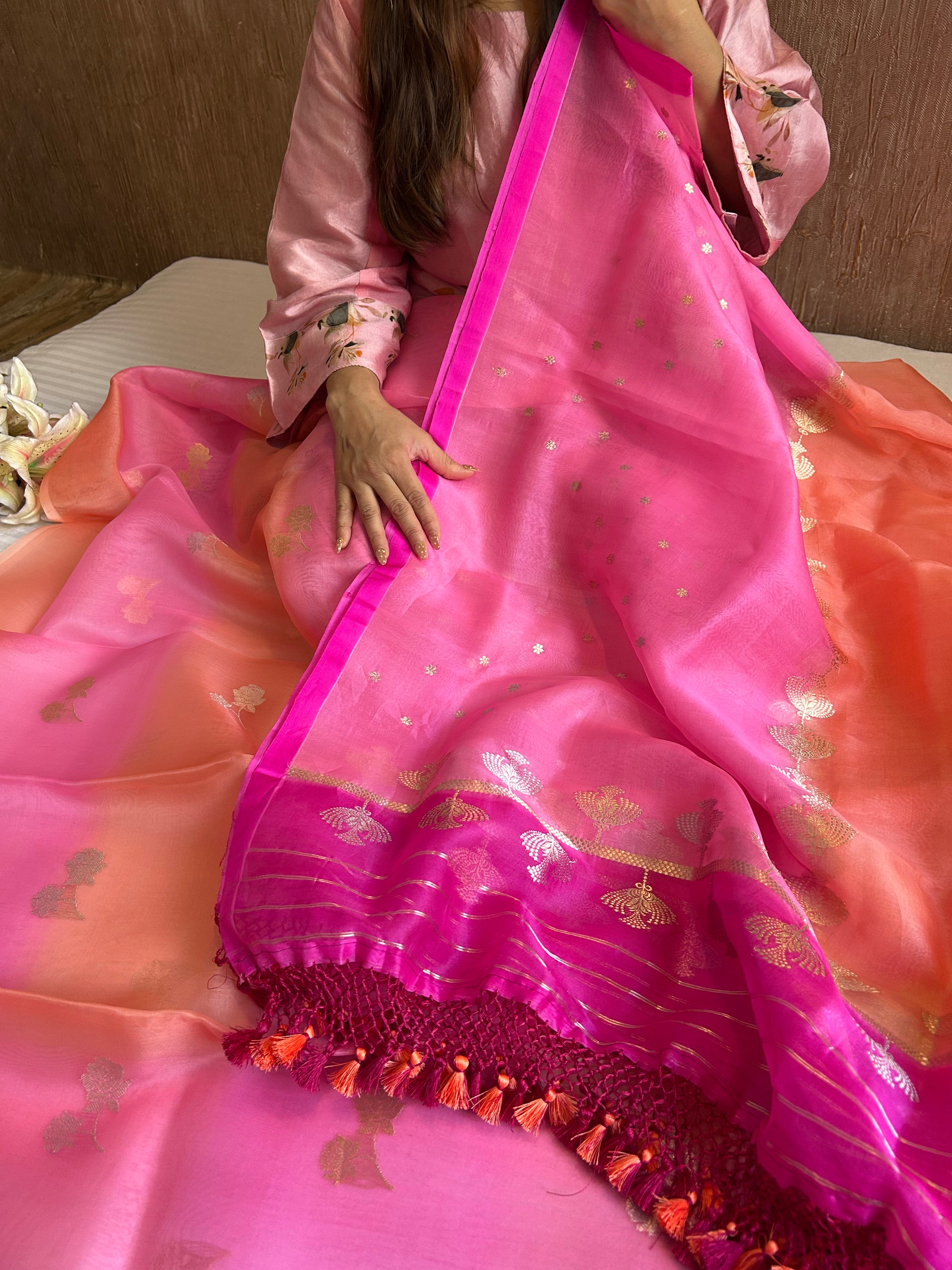 Rainbow dye banarasi kora silk kadhwa buti suit sets