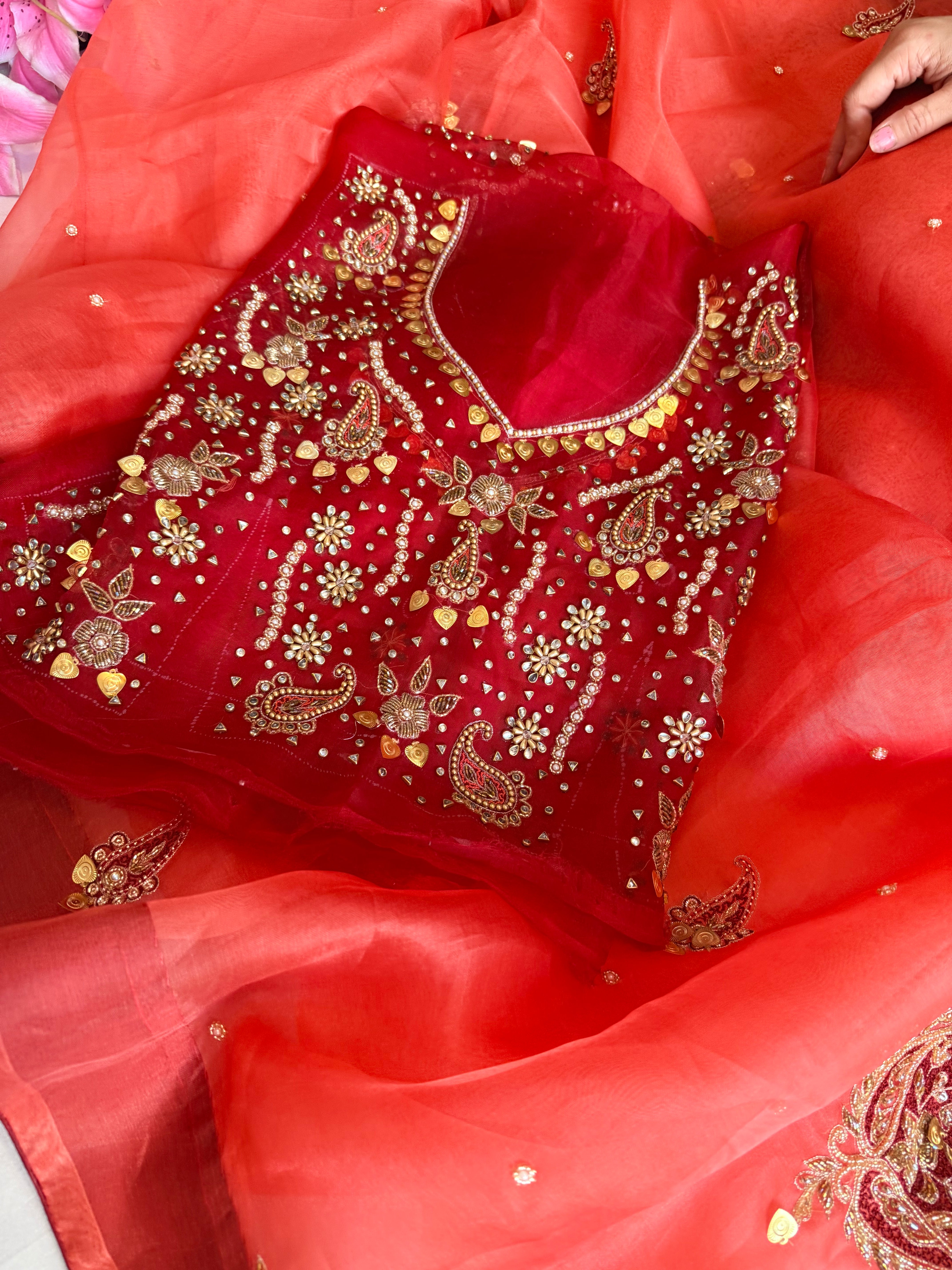 Traditional carry motif - Gajri and red combination kora silk hand embroidered saree