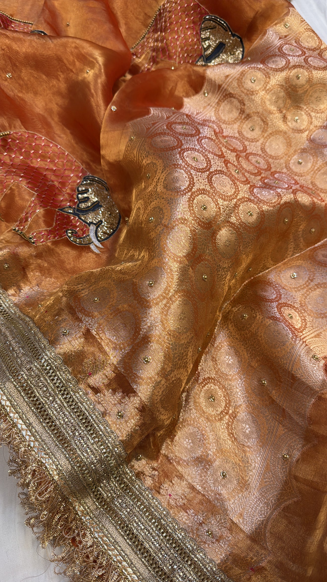 Gajri red elephant meenakari motif tissue silk heavy hand embroidered saree