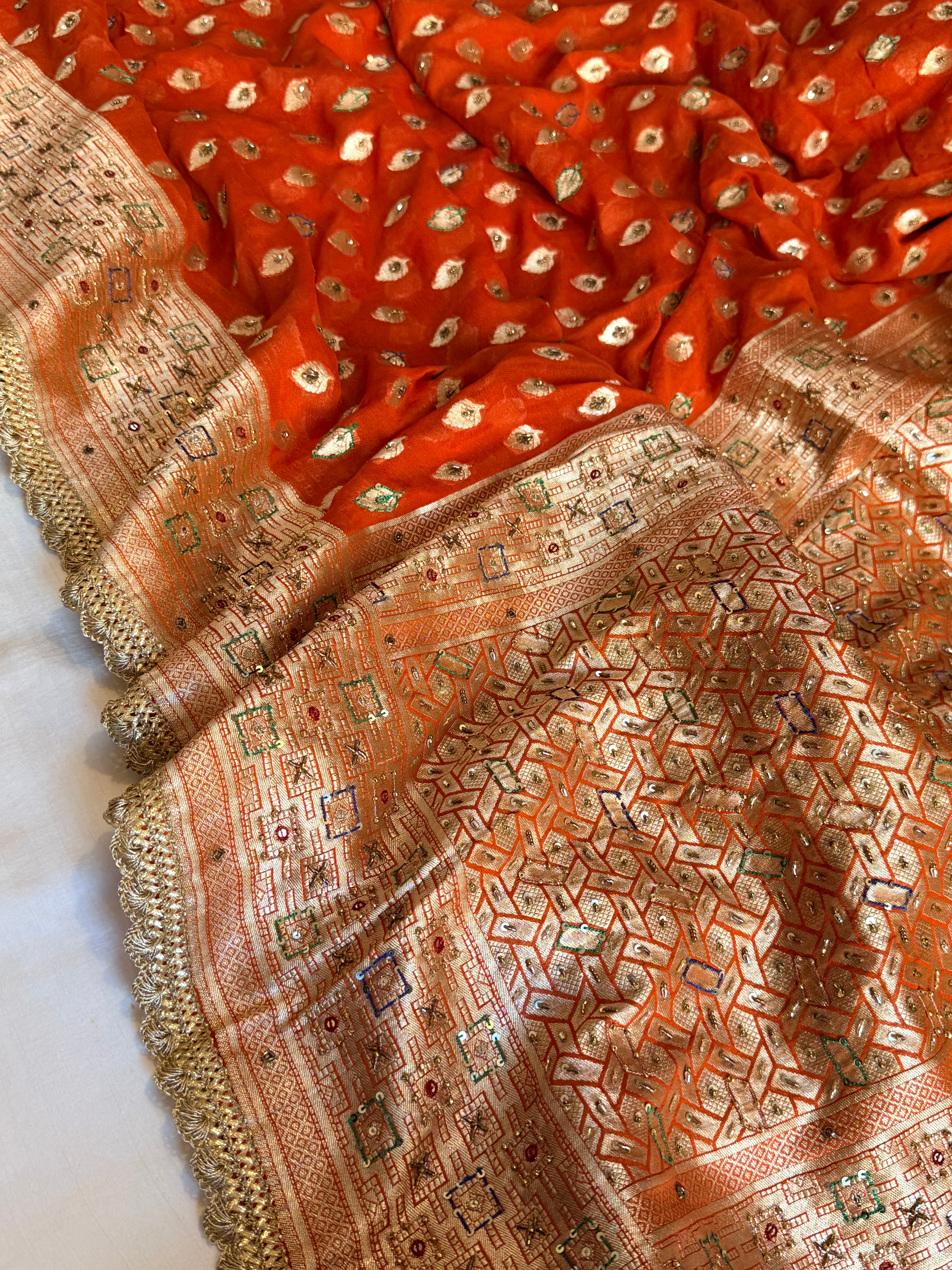 Banarasi moonga gorgette fanta orange hand embroidered kadhwa saree