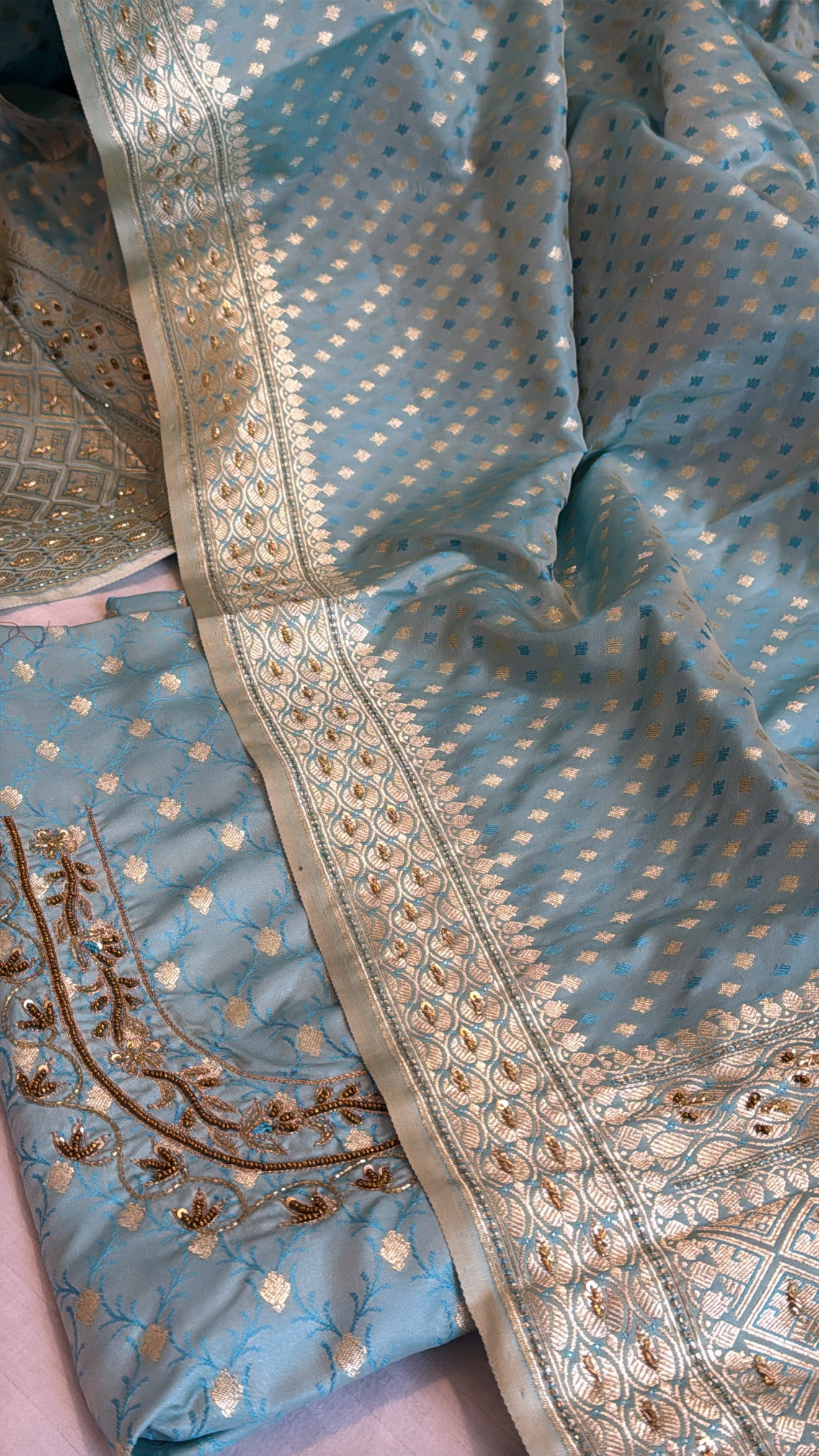 Blush blue mashru silk hand embroidered suit sets