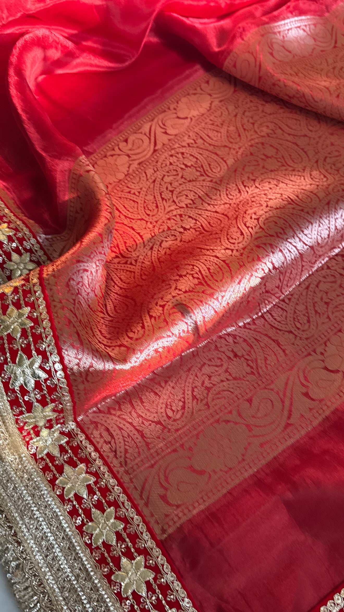Teej special - Blood red maharani tissue silk gotapatti border saree