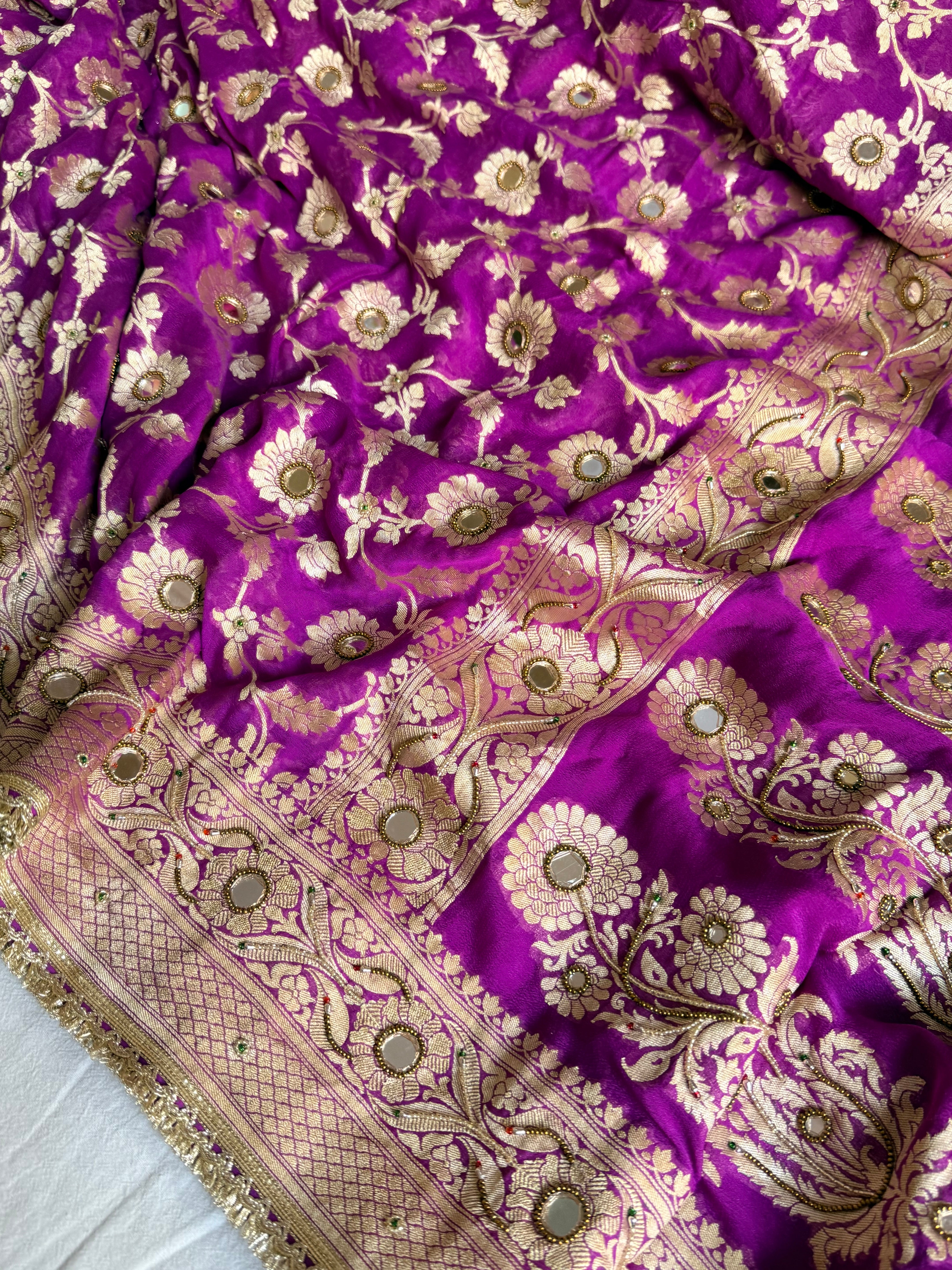 Banarasi chiffon gorgette kadhwa weaving hand embroidered saree