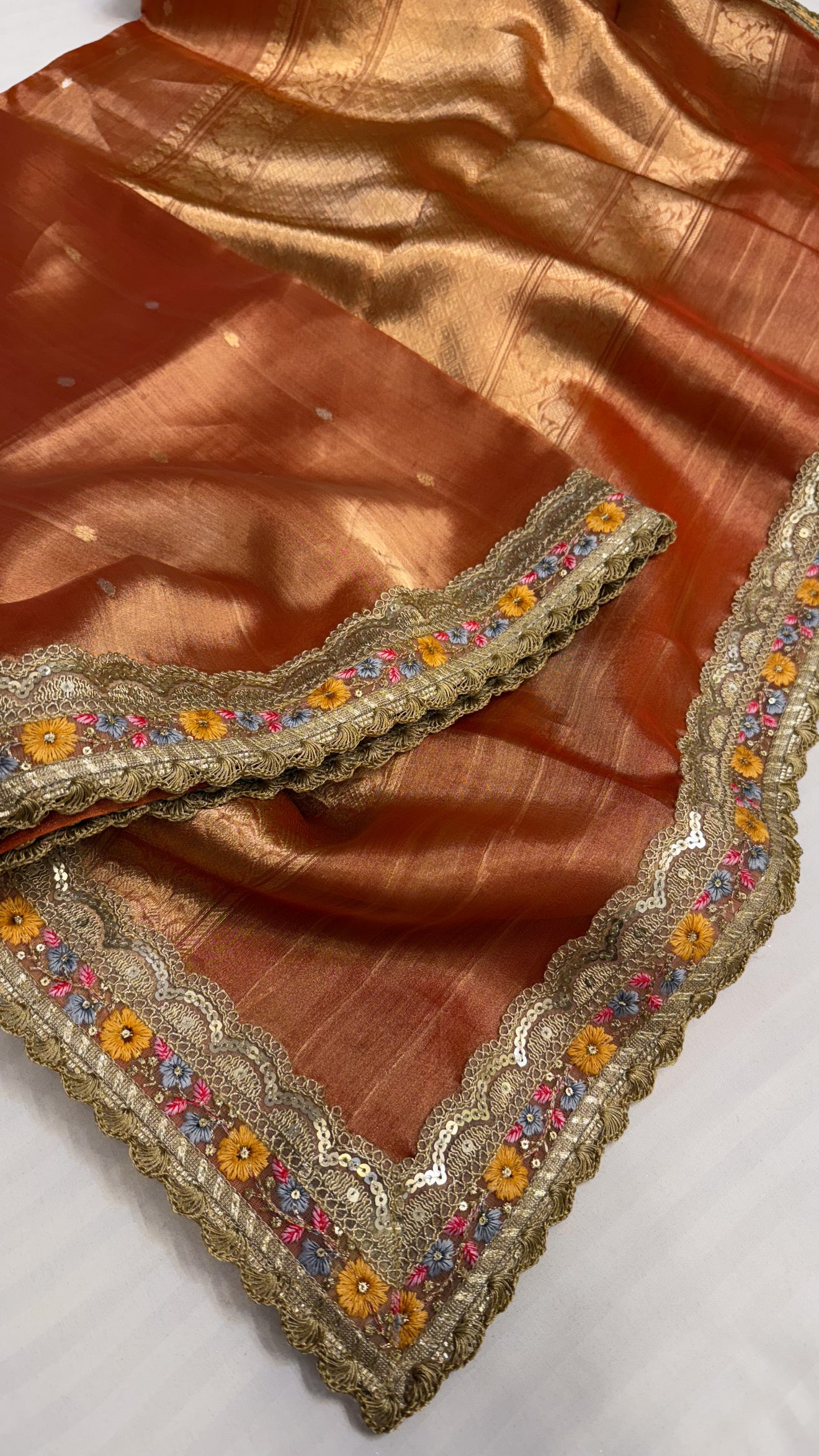 Maharani tangerine red tissue silk saree