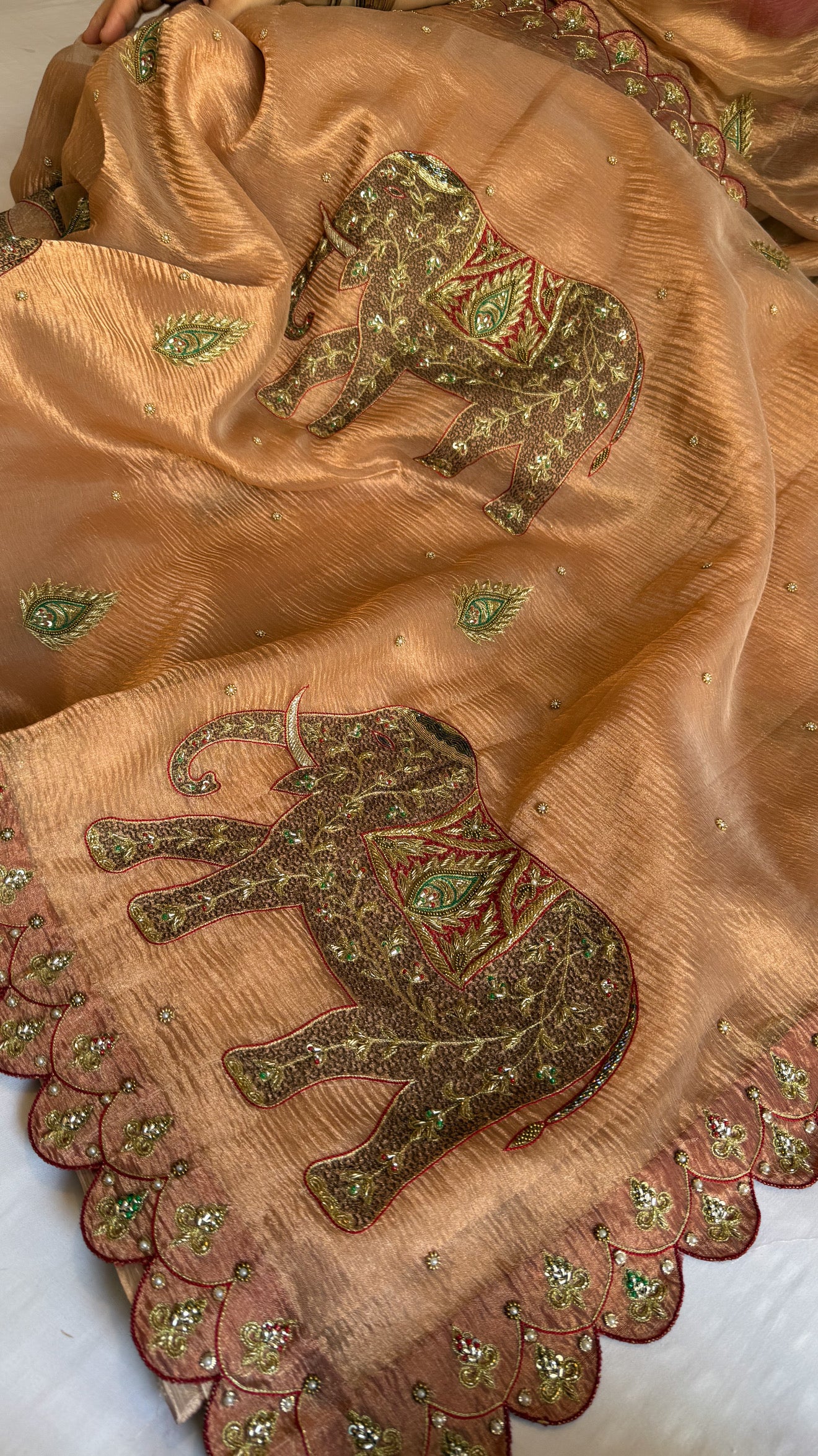 GajGamini crushed copper tissue silk elephant motif heavy hand embroidered meenakari work saree