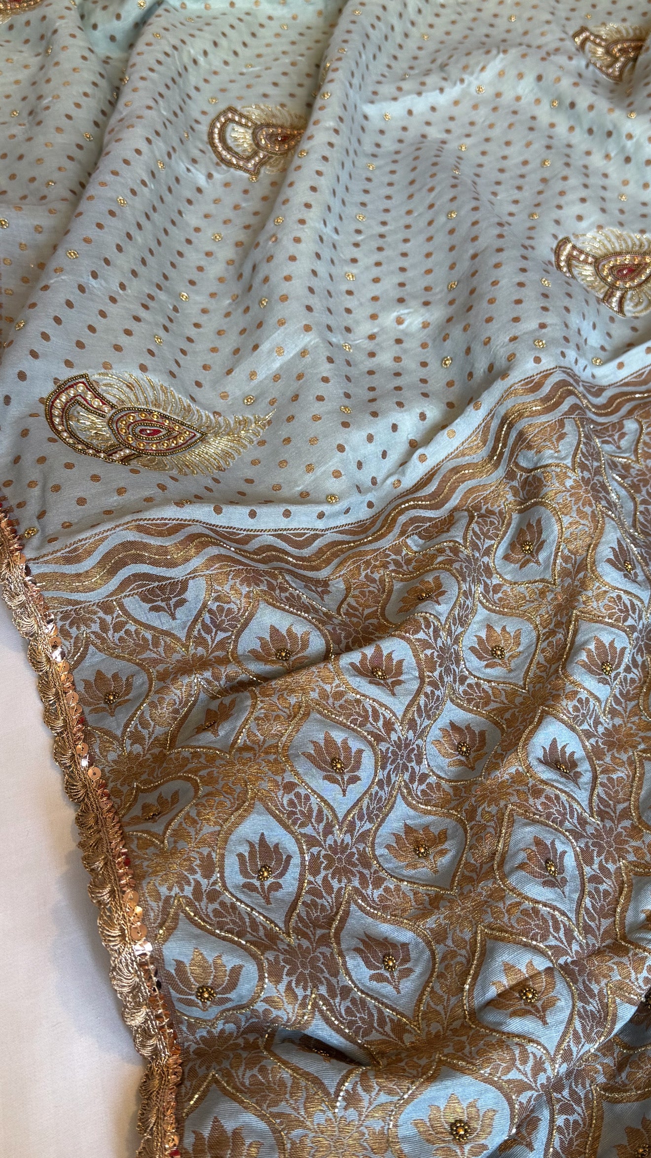 Water blue moonga silk antique zari hand embroidered kadhwa saree