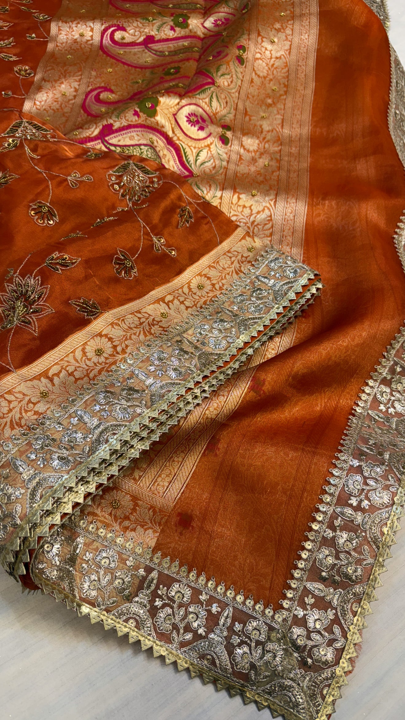 Trousseau edit — Narangi orange tissue silk hand embroidered saree