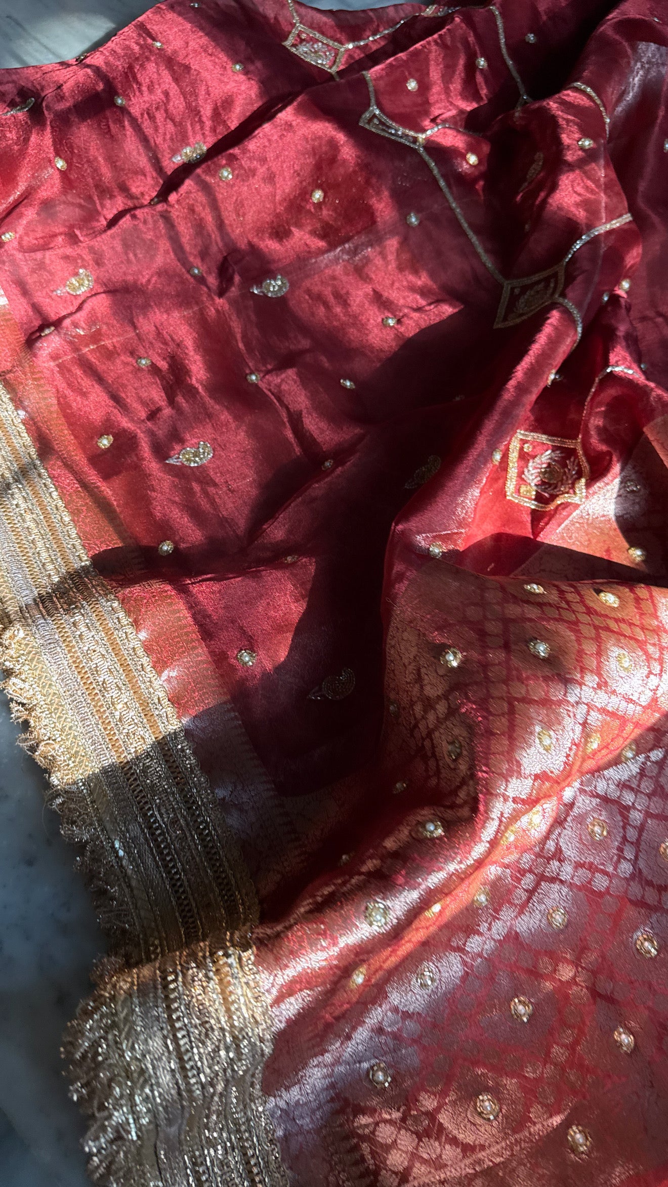 Teej special - Husn brick red tissue silk hand embroidered kadhwa saree