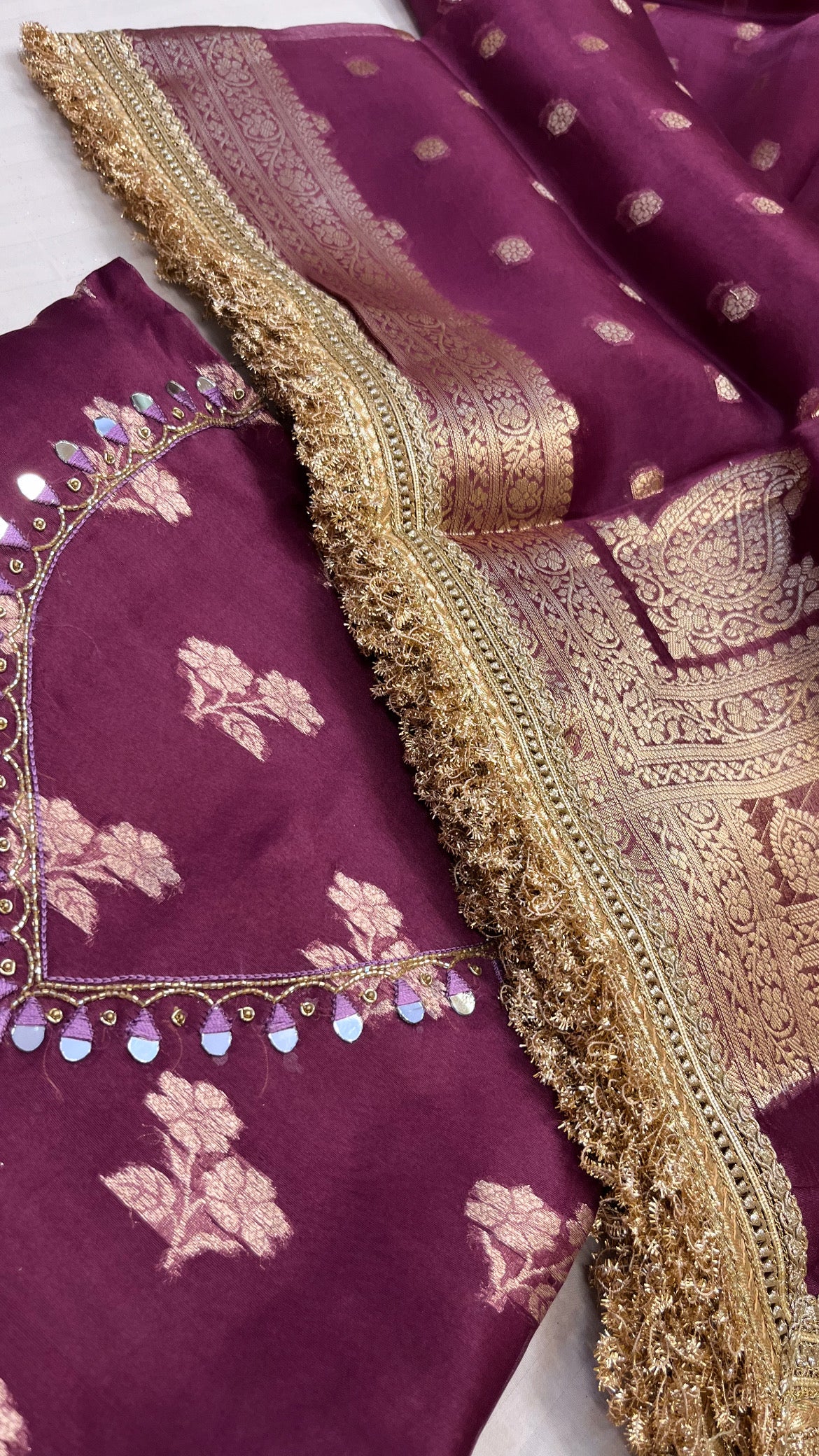 Heeramandi plum kora silk gotapatti hand embroidered suit set