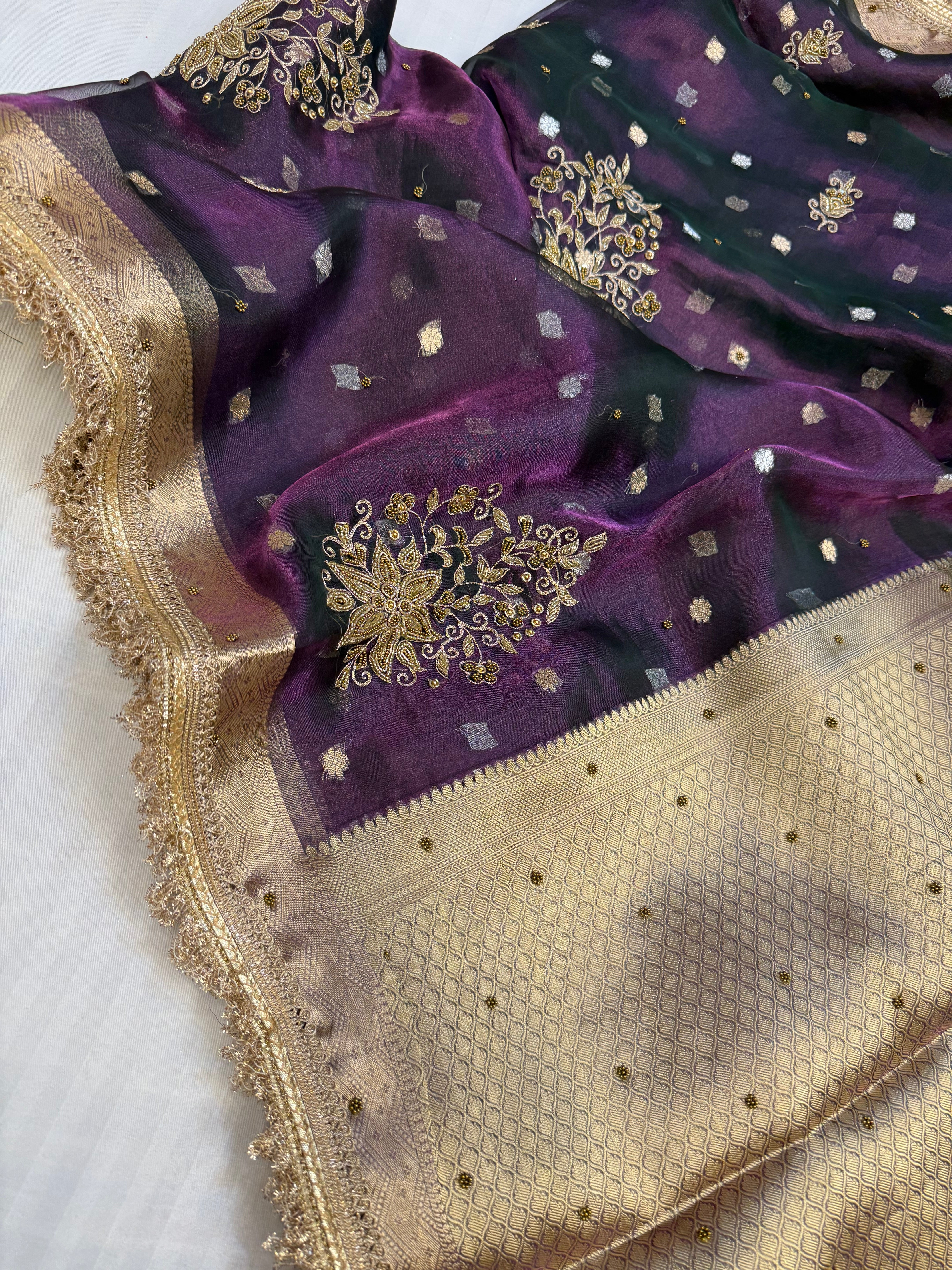 Cocktail edit sarees - brinjal purple tissue silk heavy hand embroidered saree