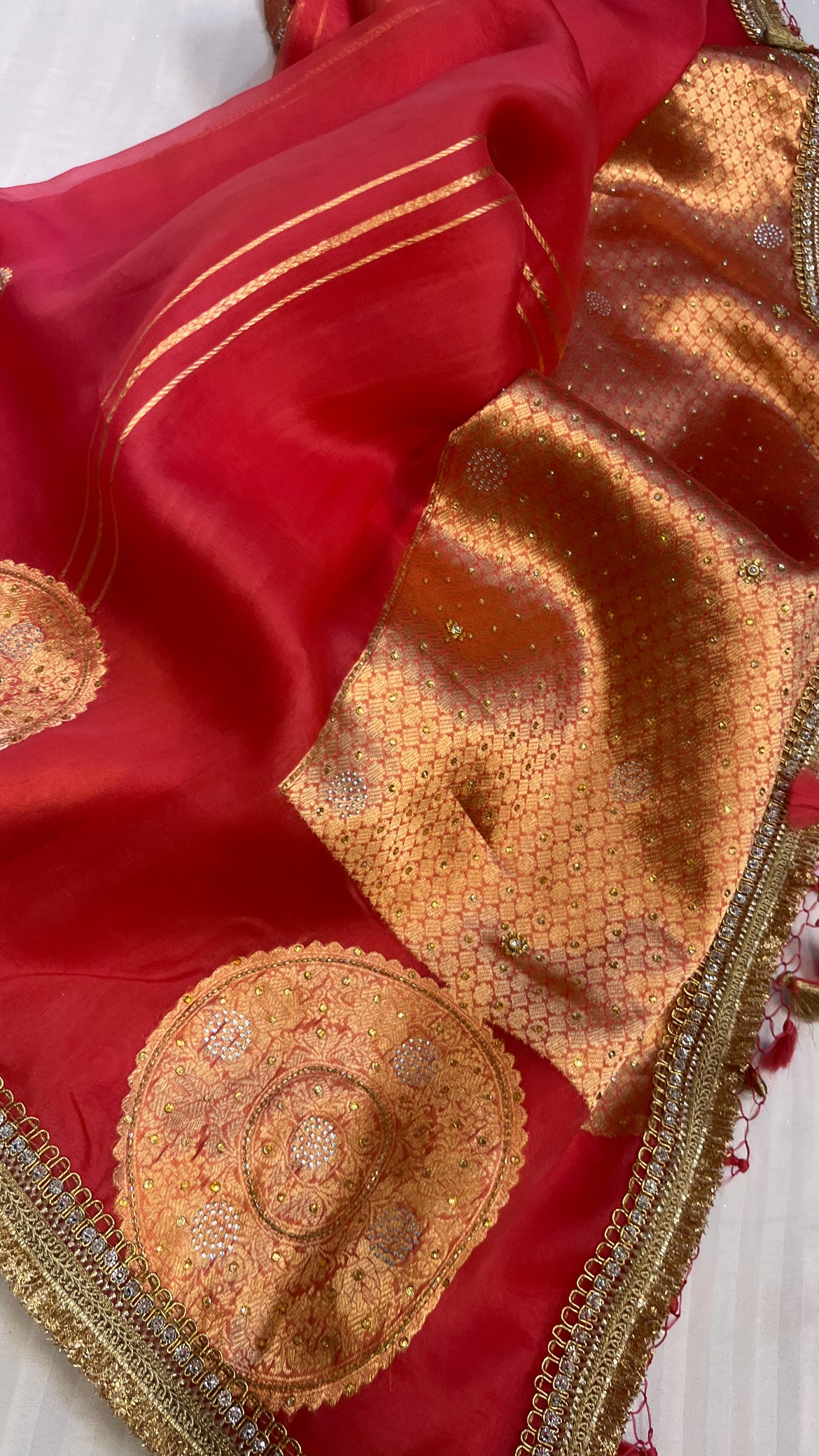 Tomato red sitara kora silk stonework saree