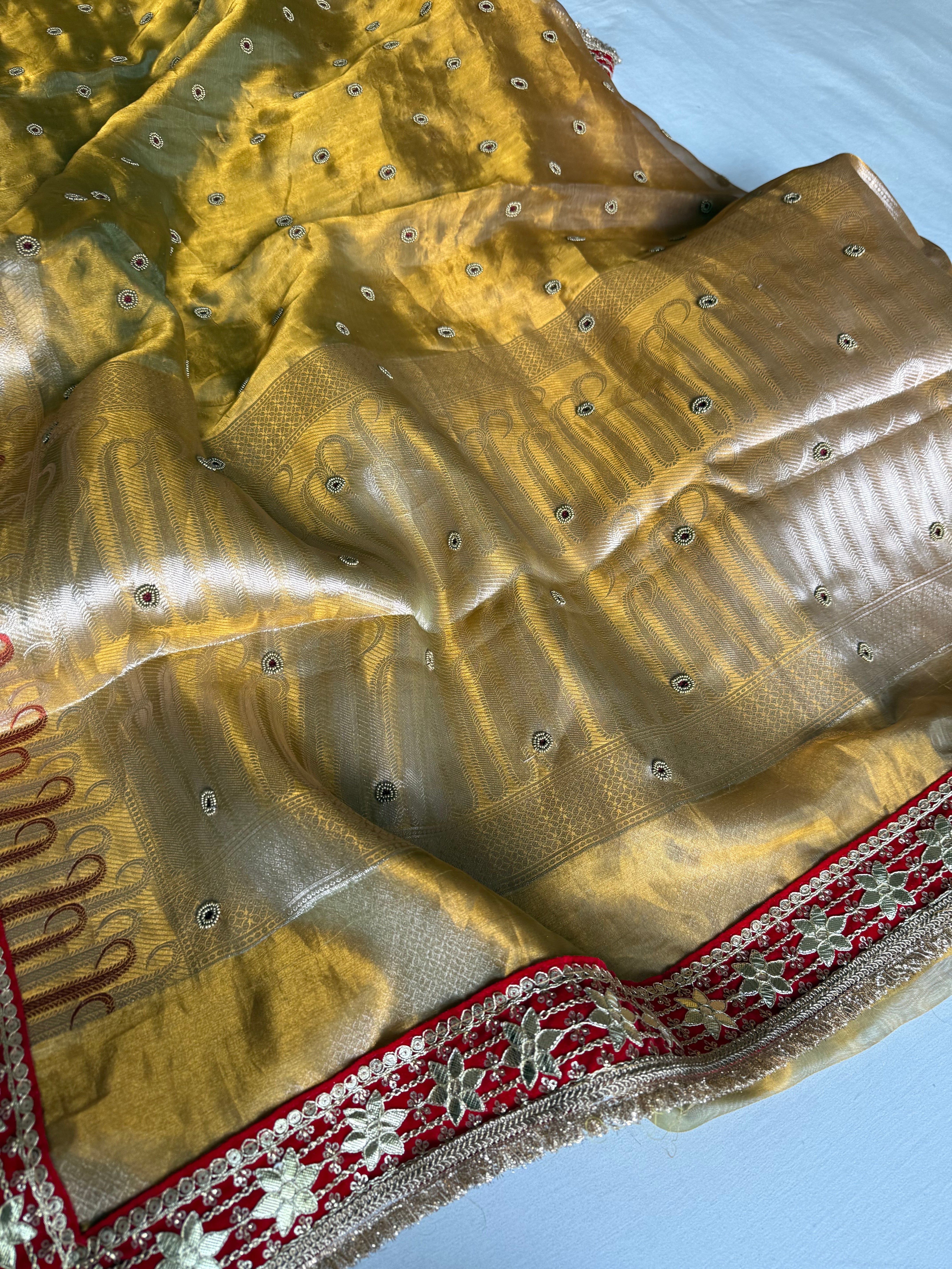 Kanjivaram gold tissue silk red meenakari hand embroidered kadhwa saree