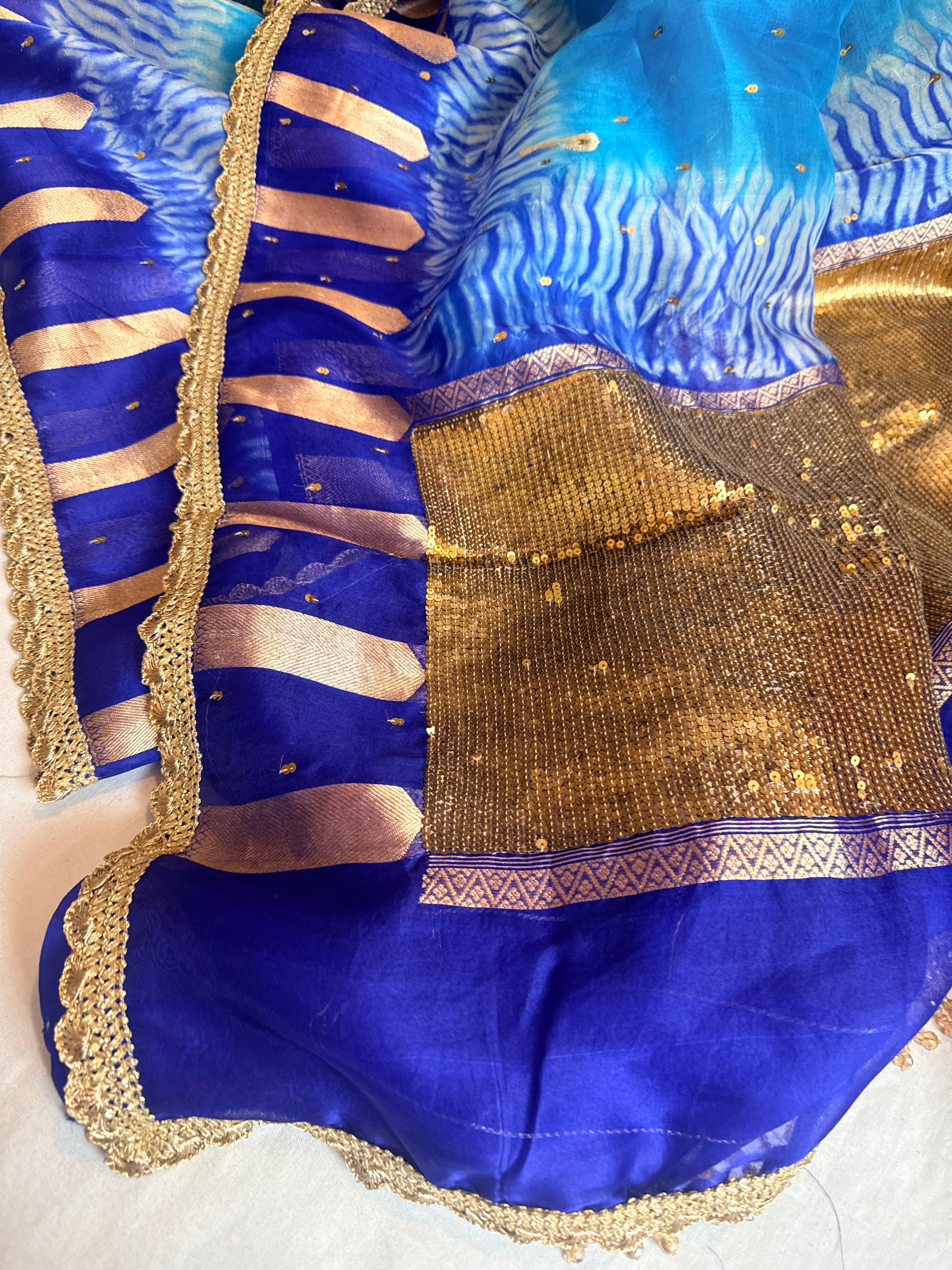 Shibori dye kora silk salma sitara work hand embroidered sequins saree