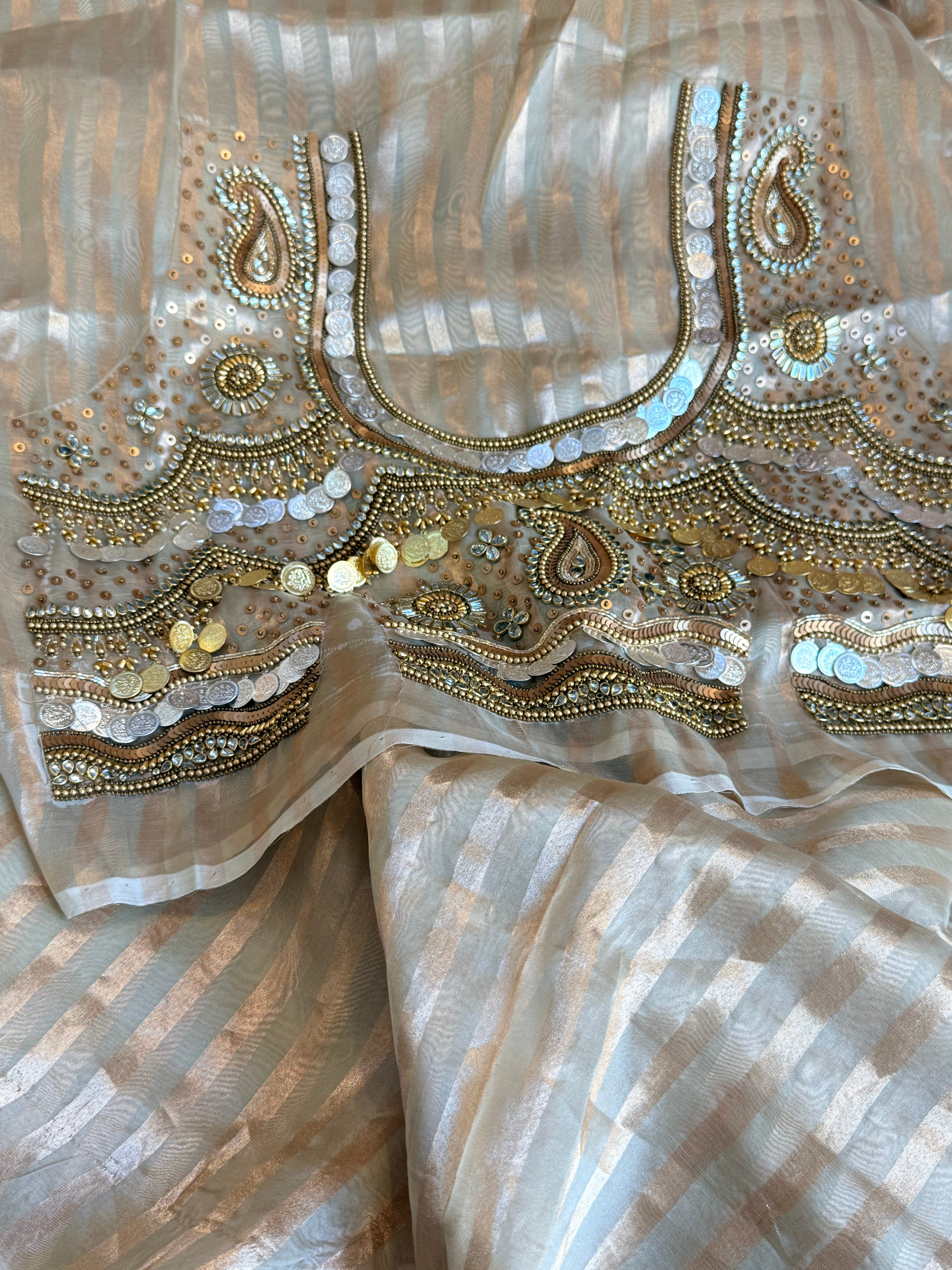 Kundan blouse edit - Ivory gold tissue silk hand embroidered striped saree with jewellery blouse