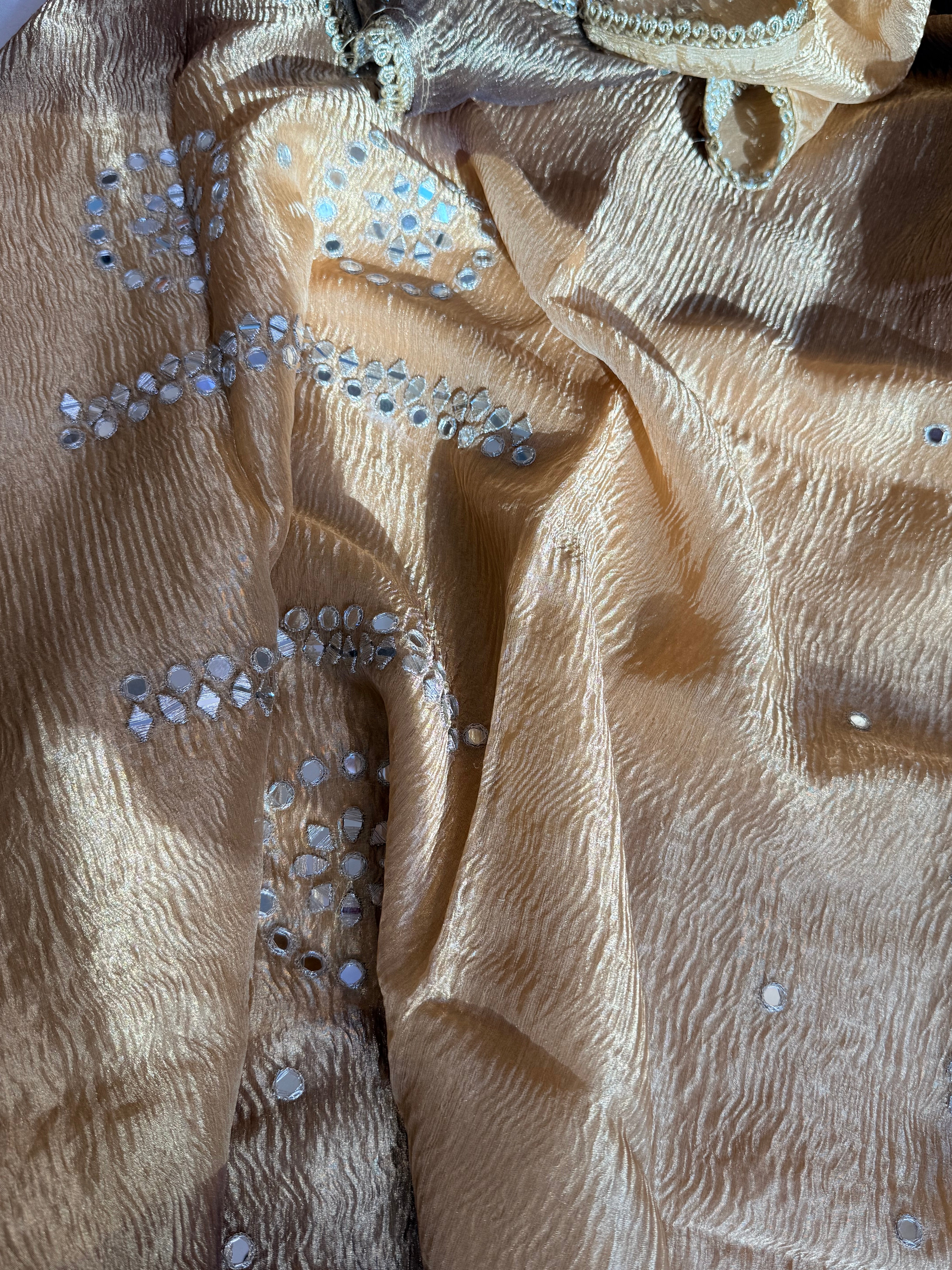 Banarasi tissue silk mirrorwork hand embroidered crushed suit sets