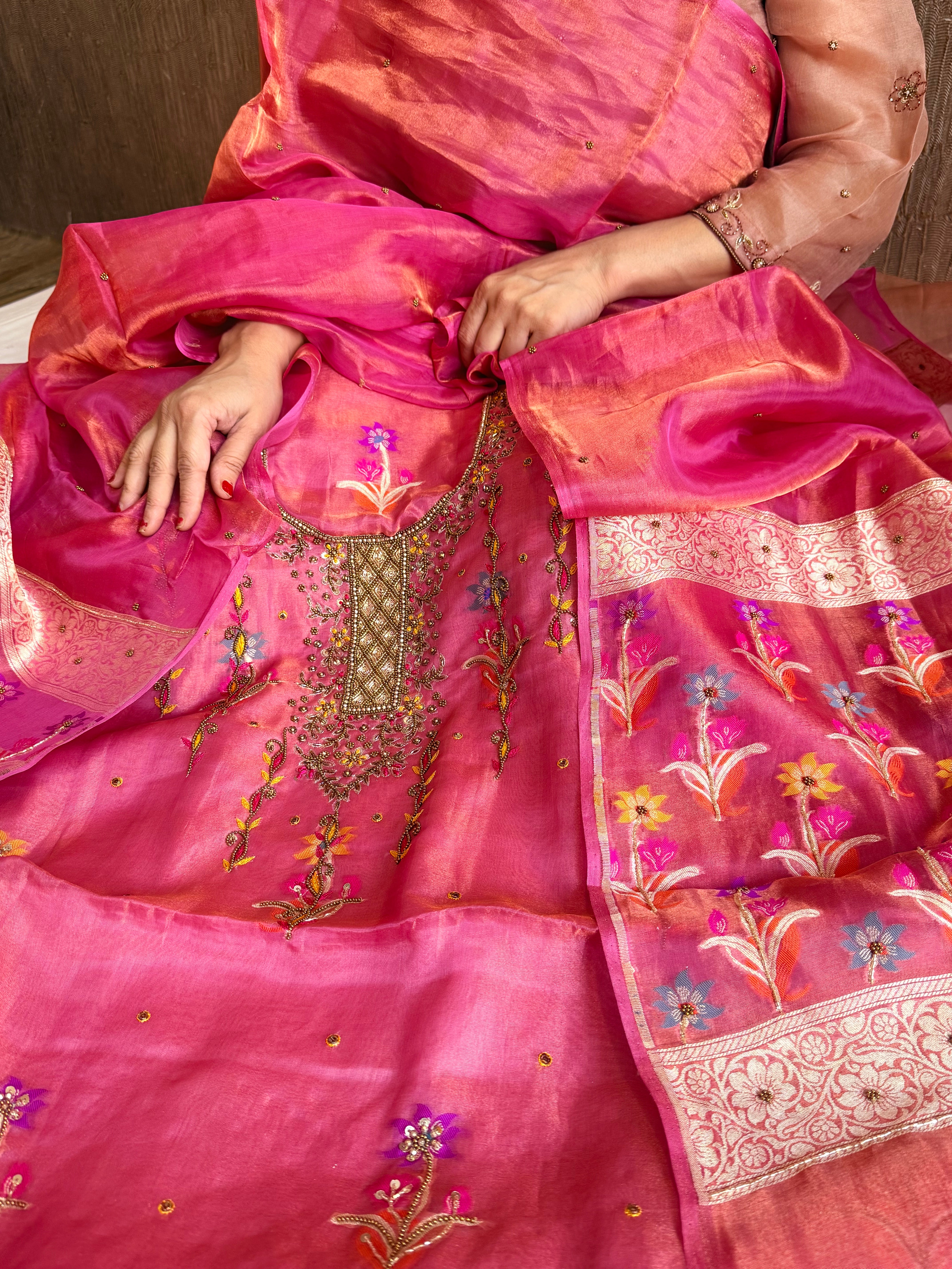 Banarasi tissue silk lotus pink tissue silk meenakari hand embroidered suit set