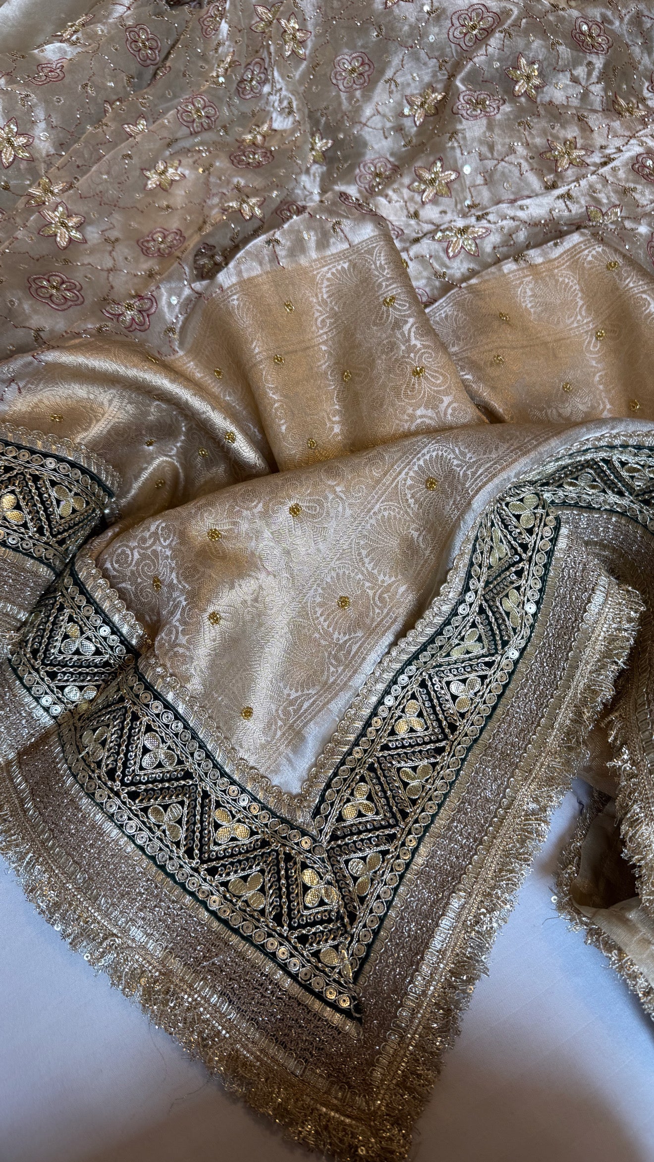 Kutchi inspired tissue silk hand embroidered heavy meenakari gharchola design saree