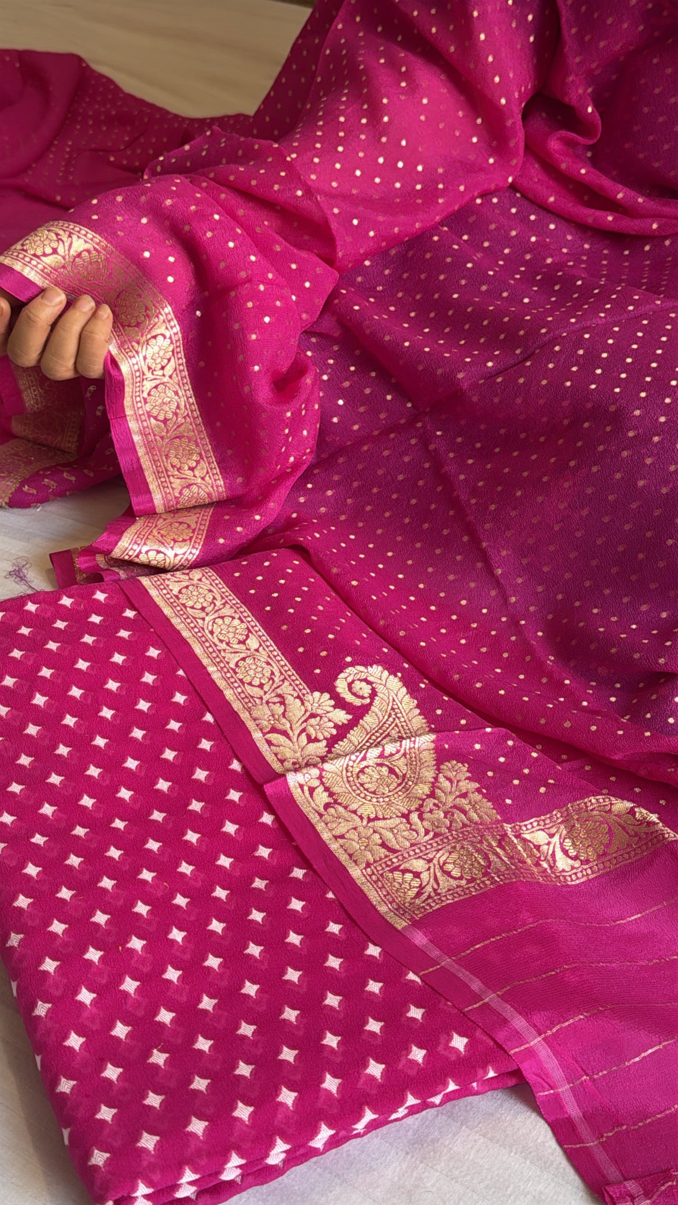 Vivah edit - Hot pink chiffon gorgette chunri buti Banarasi suit set