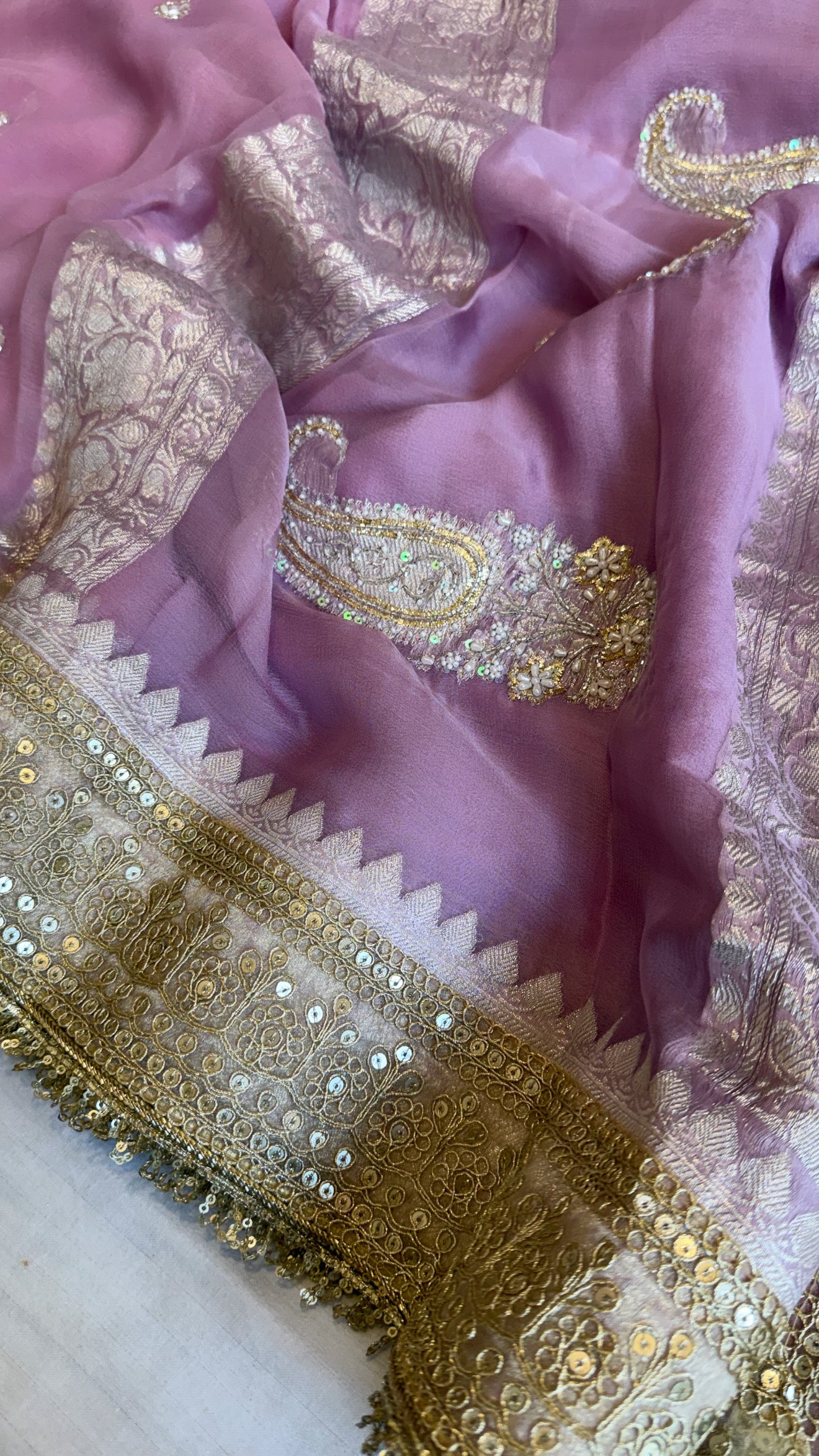 Paro banarasi chiffon gorgette hand embroidered kadhwa saree