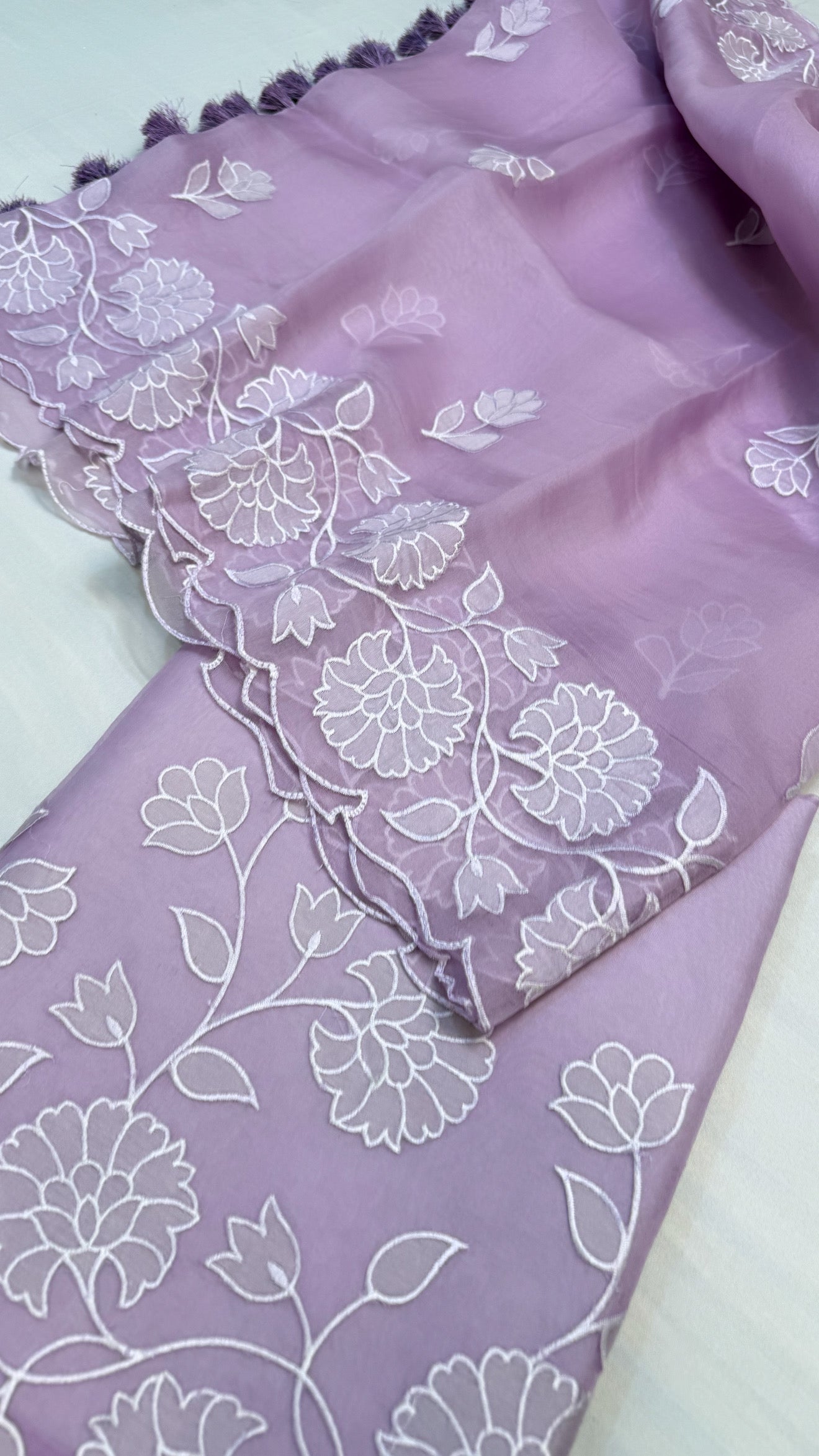 Dreamy lilac kora silk hand embroidered appliqué work suit set