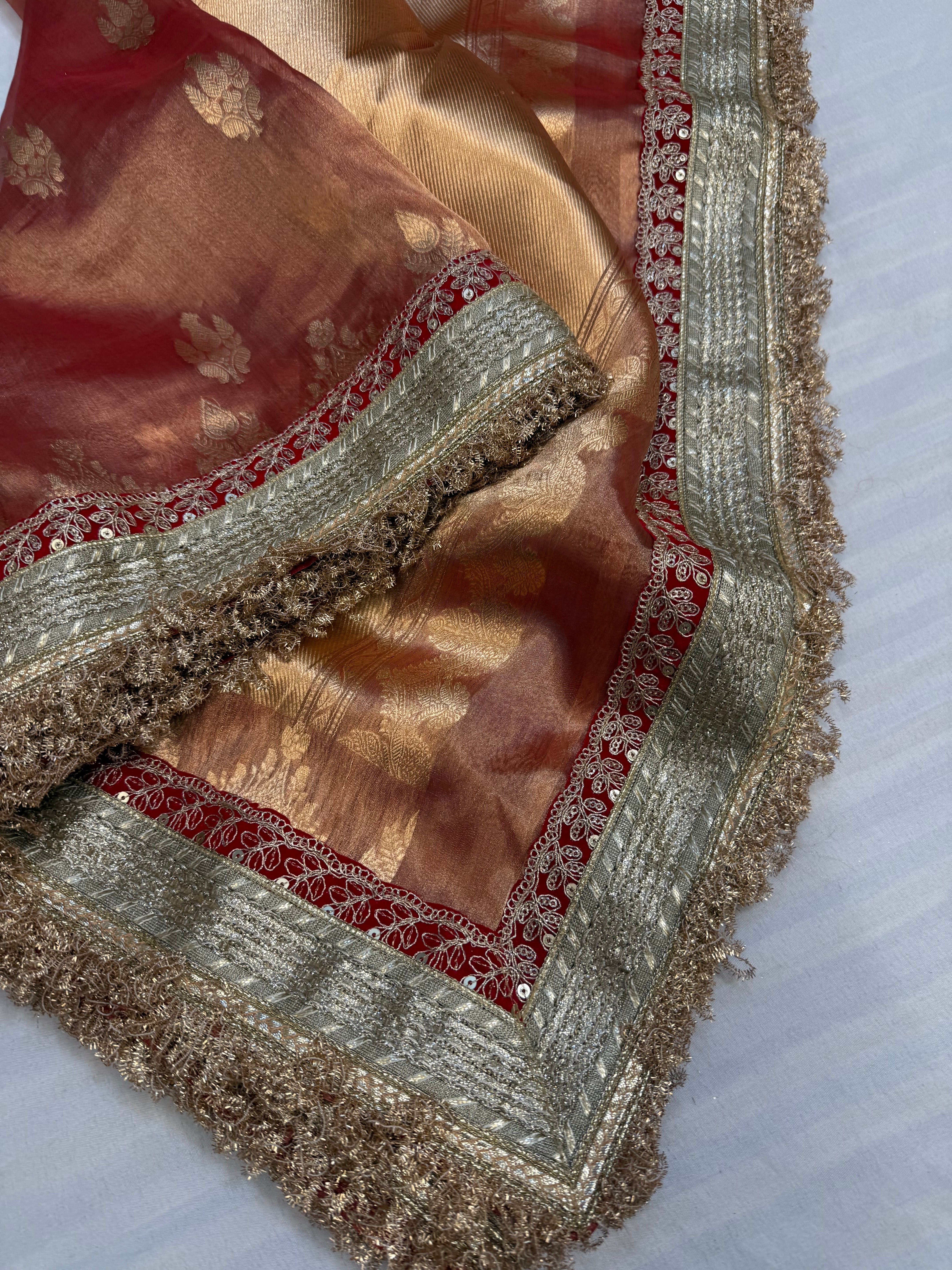Cherry pink maharani tissue silk kadhwa buti saree