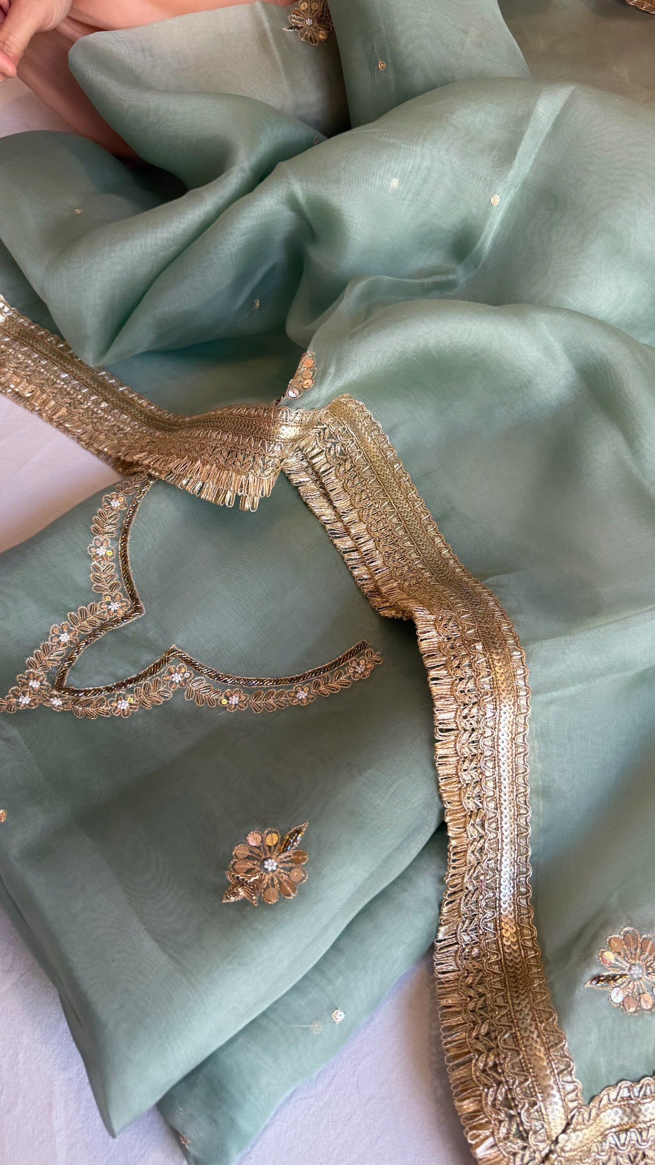 Aari and tilli hand embroidered kora silk teal green kadhwa suit set