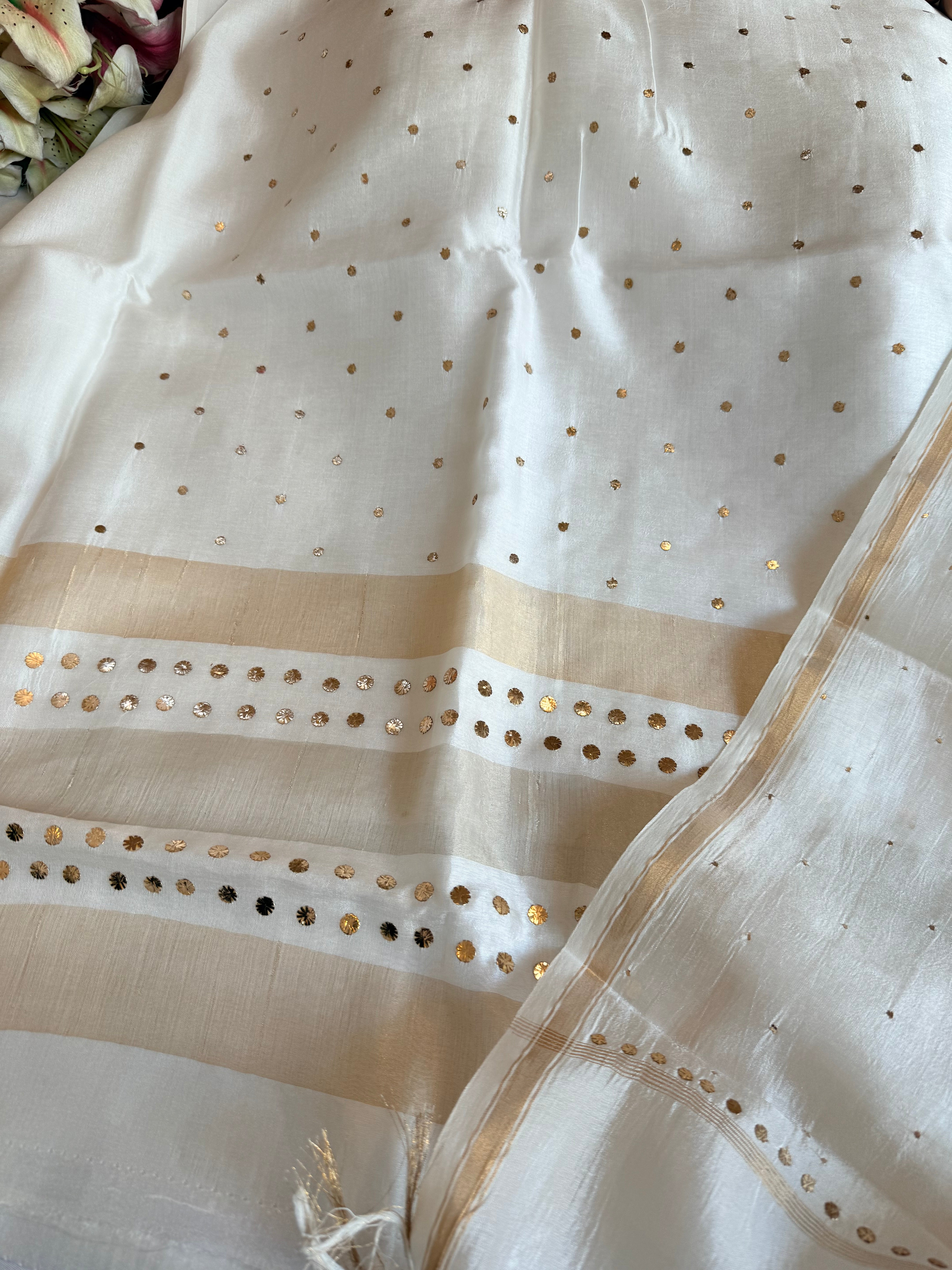 Pearl white spun chiniya silk mukaish hand embroidered suit sets