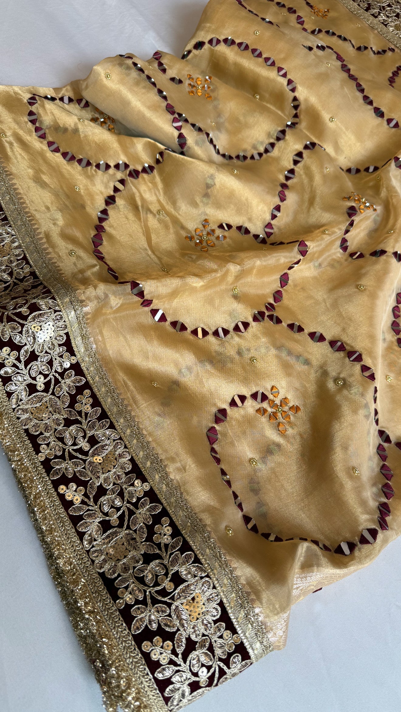 Sheesham edit - Heavy double tissue silk mirror work hand embroidered saree