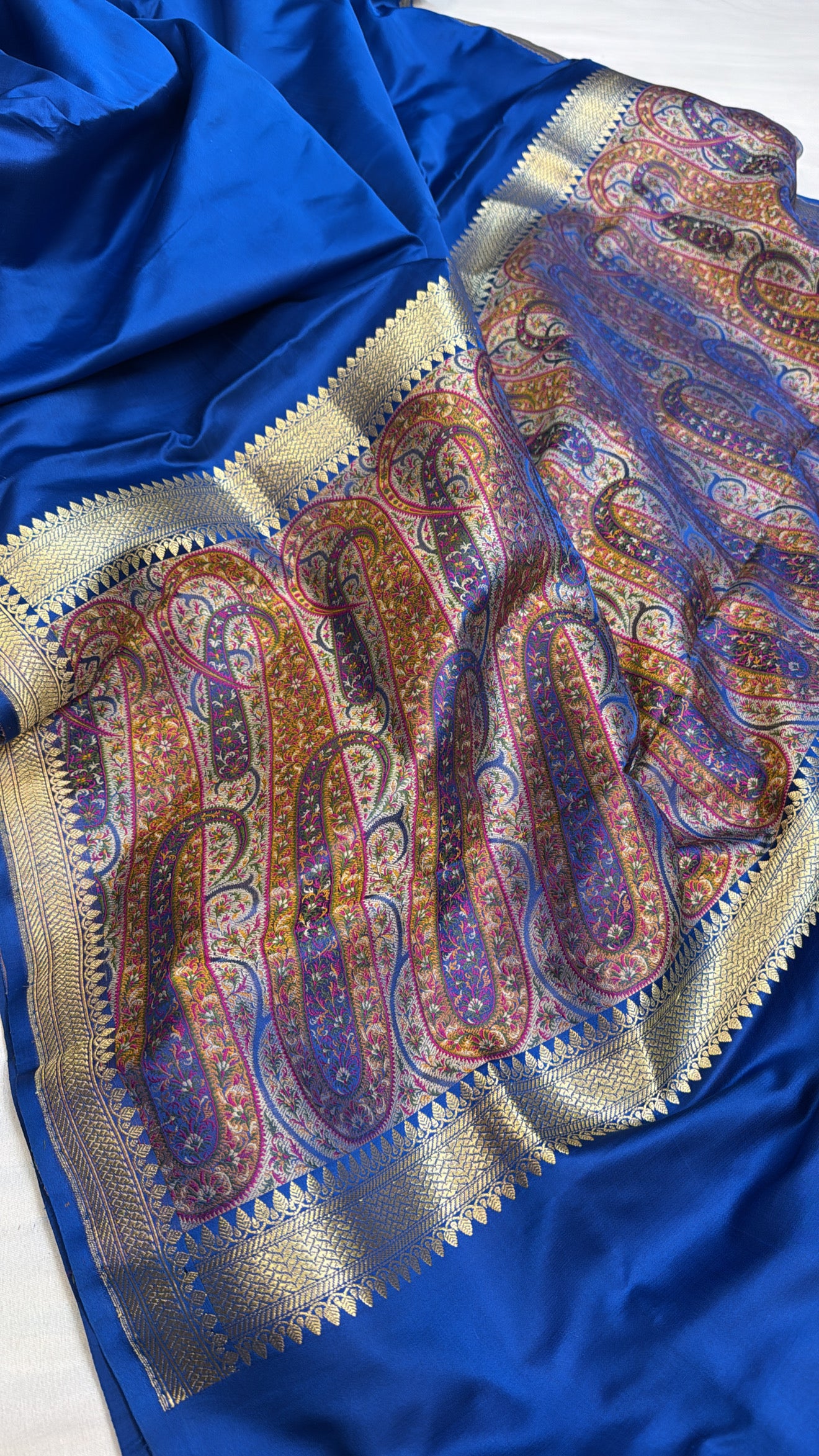 Mashru satin silk electric blue jamevar pallu banarasi saree