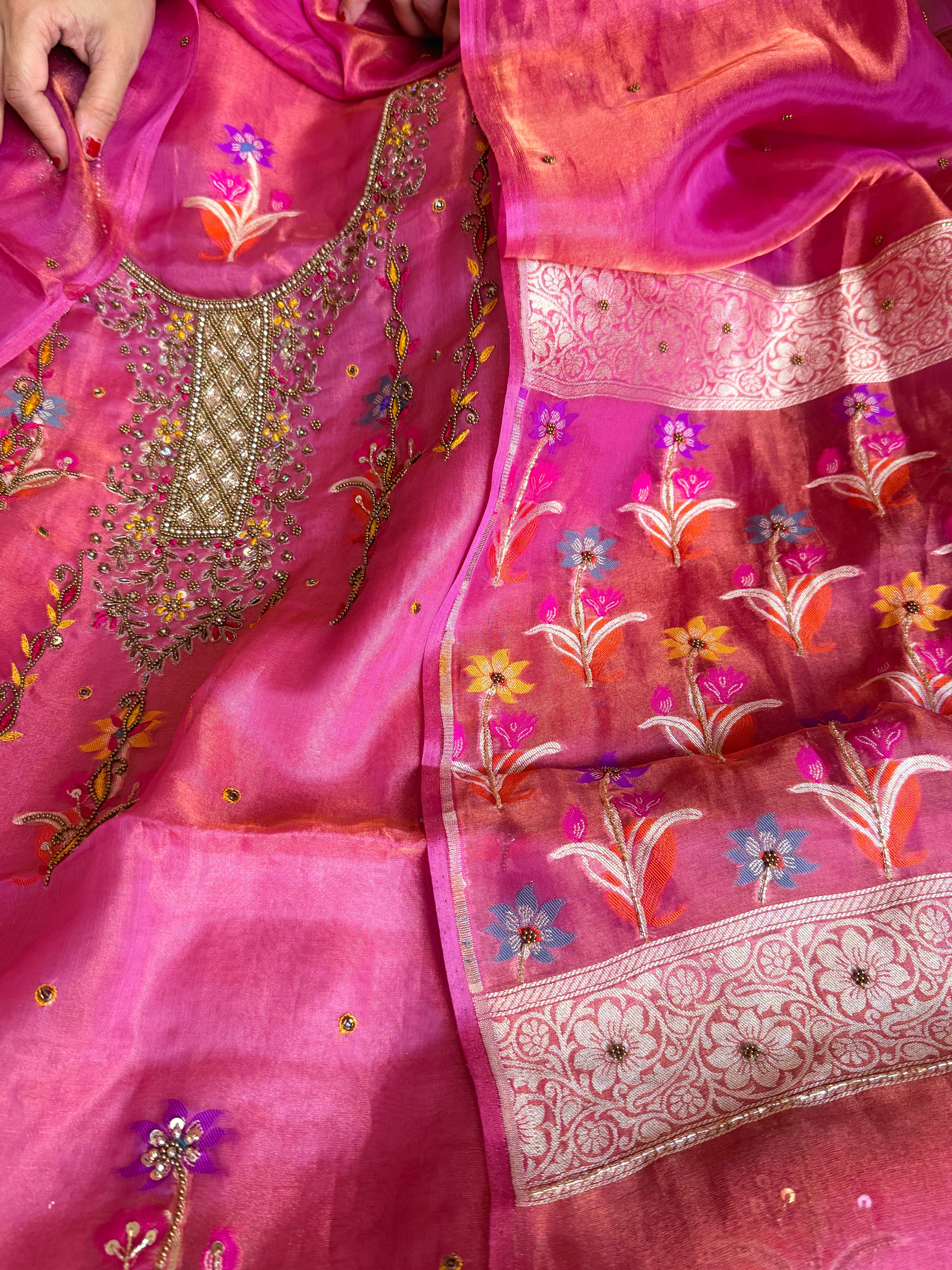 Banarasi tissue silk lotus pink tissue silk meenakari hand embroidered suit set