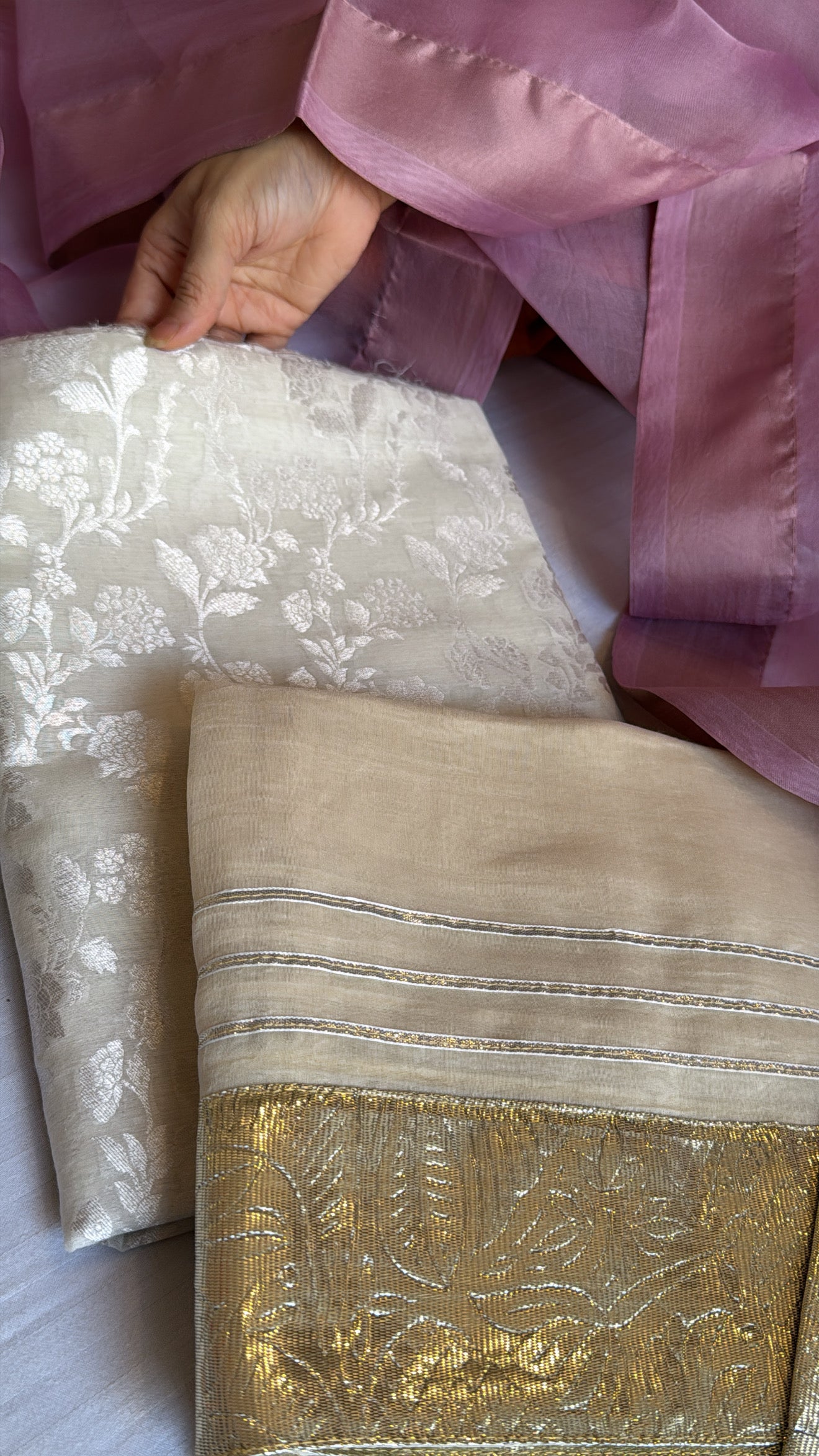 Ivory handloom cotton kadhwa jaal gotapatti suit paired with mouve kora silk gotapatti duppata set