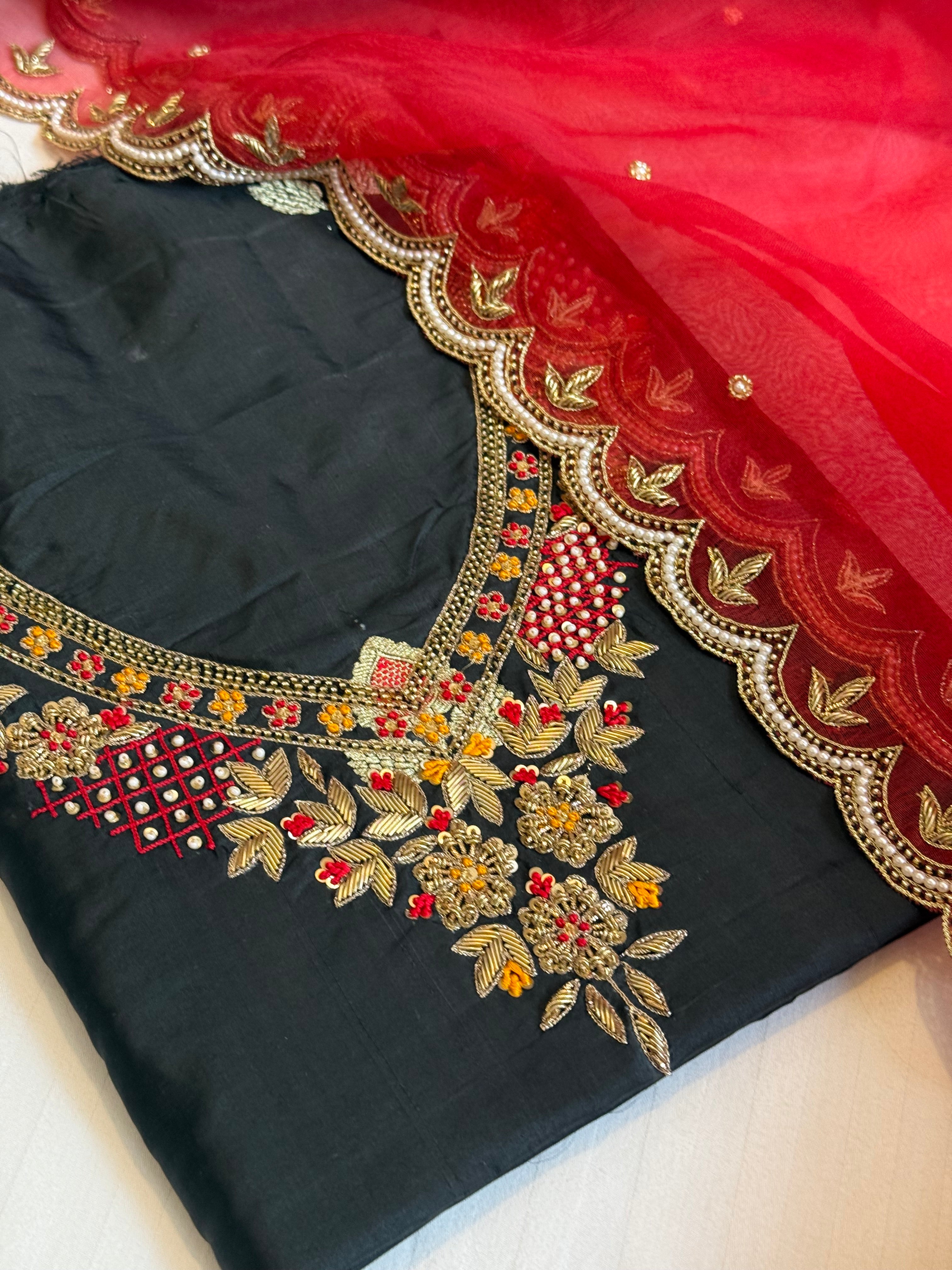 Blood red - black shade katan silk hand embroidered kurta paired with kora silk zardozi duppata
