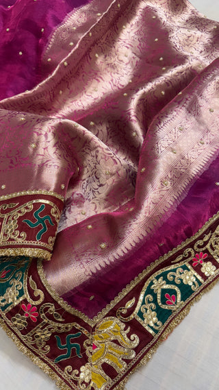 Husn shikargah edit magenta purple-pink tissue silk elephant motif hand embroidered saree