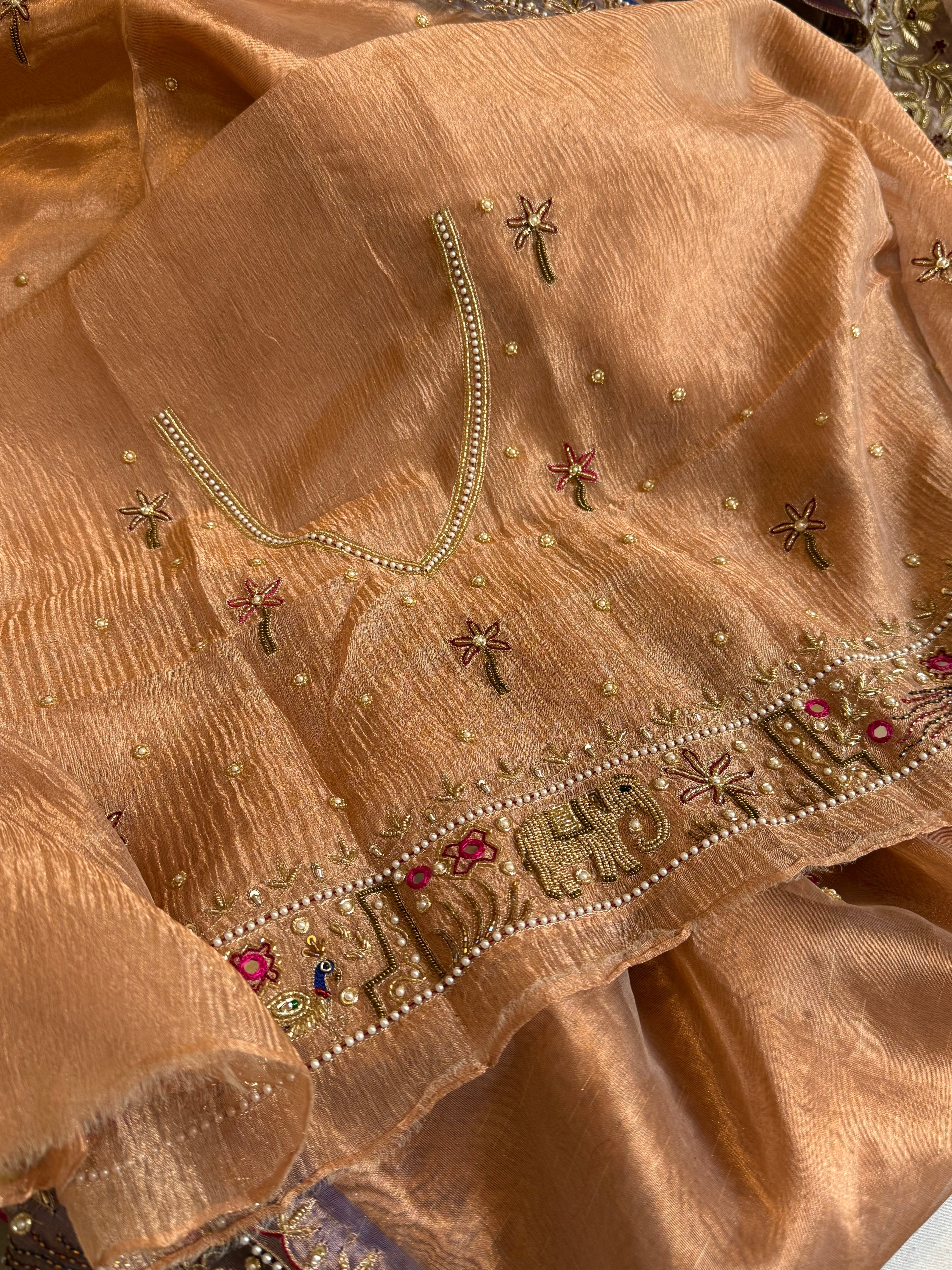 Sheeshmahal shikargah edit - Rose gold tissue silk hand embroidered elephant motif border kadhwa saree