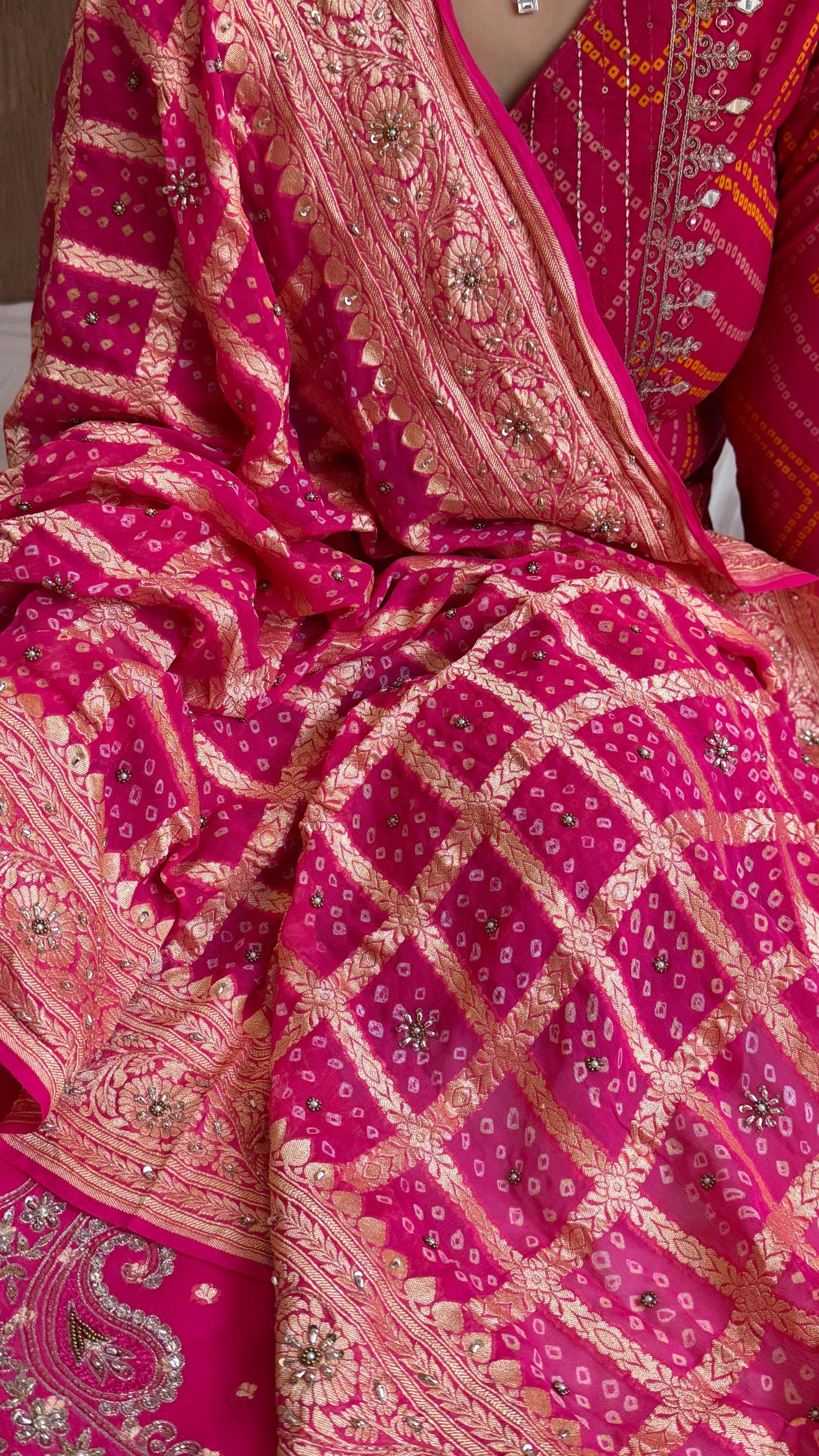 Hot fuschia pink rai bandhej Banarasi gorgette kadhwa hand embroidered suit set