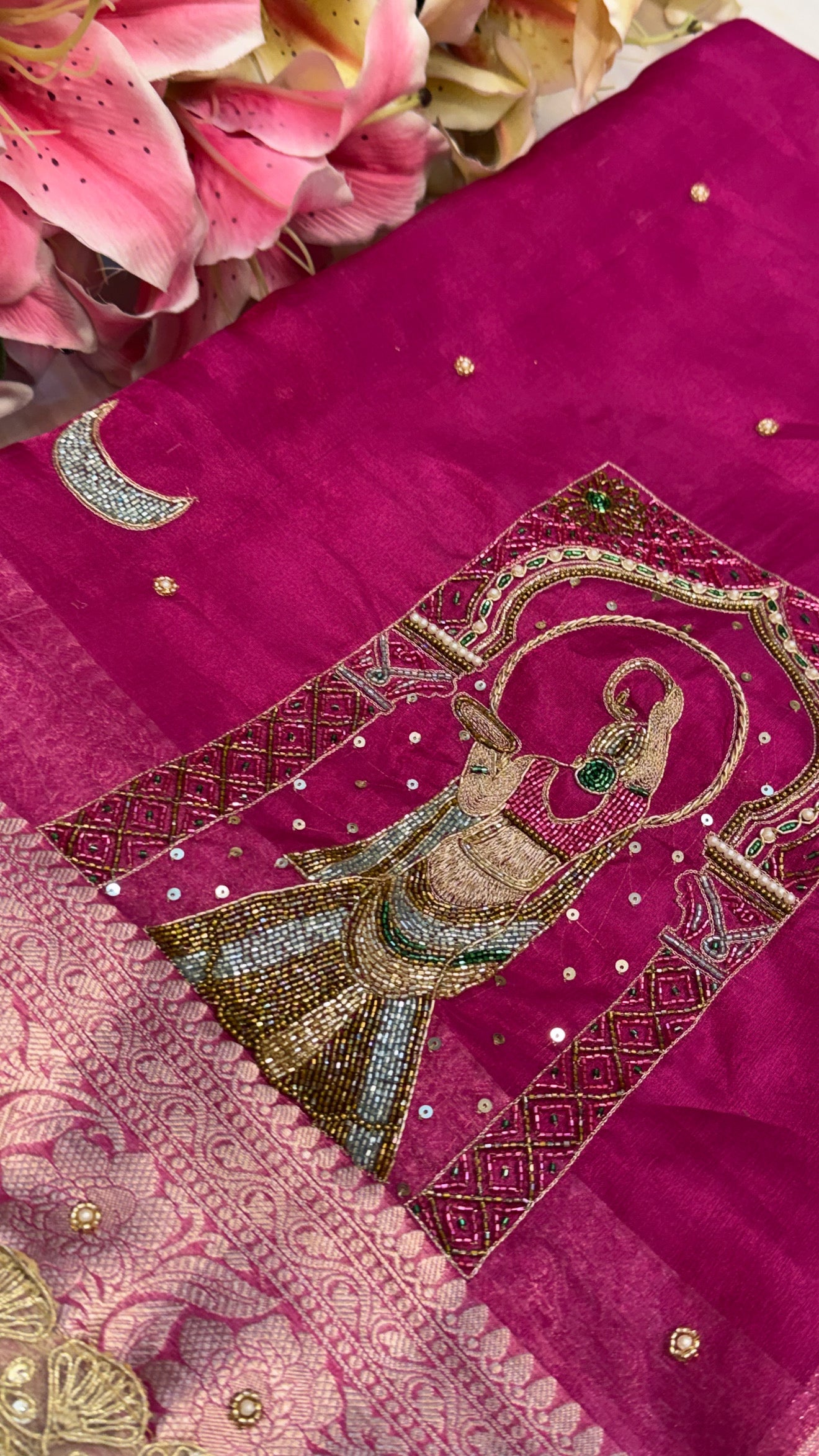 Karwachauth special - Hot metallic pink tissue silk hand embroidered meenakari saree